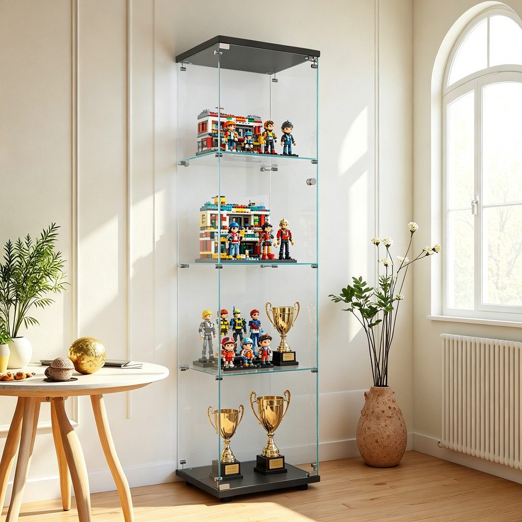 Simurq Glasvitrine Standvitrine aus gehärtetes Glas, Vitrinenschrank mit Glastüren (Glas vitrine mit 2 Glastür und 4 Lagen,Glasschrank mit Schloss) Sammlervitrine mit Kippsicherung,Modernes rahmenloses Design