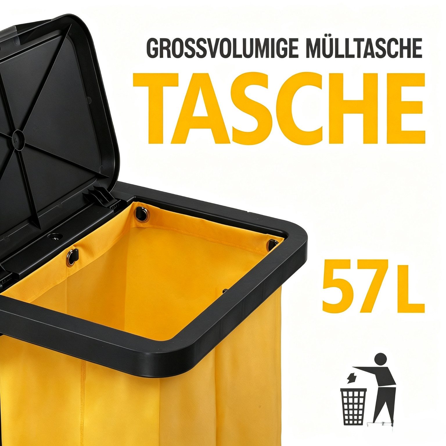 VINGLI Putzwagen Reinigungswagen Multifunktional Servierwagen für Reinigung, (mit 3 Ablage), 57L Mülltasche Abnehmbar, TPR-Rollen, Klappdeckel, Aufhängehaken – Bild 4 von 5