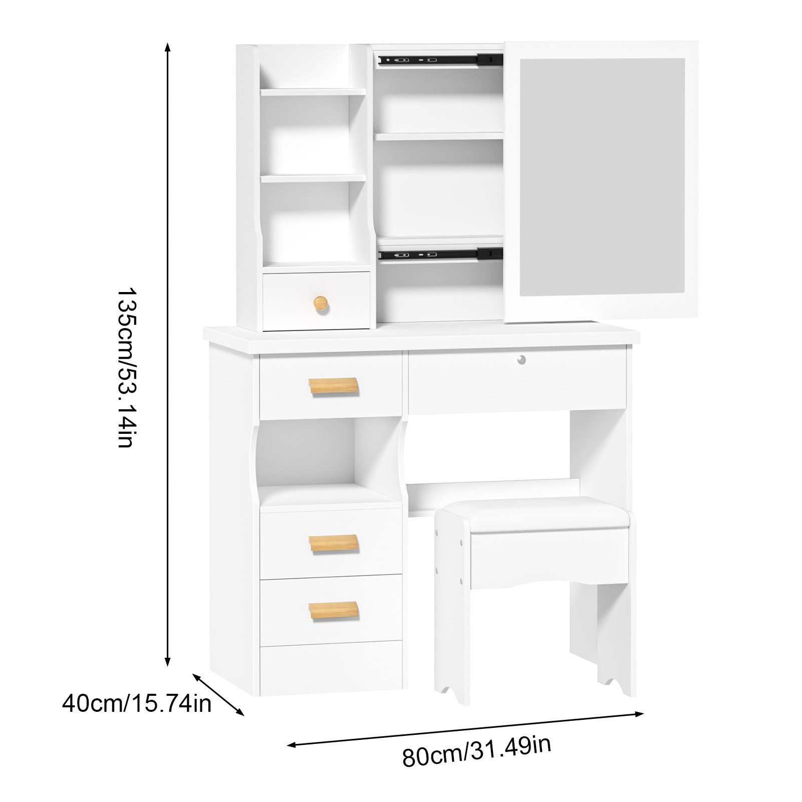 Rutaqian Schminktisch Frisiertisch mit LED-Leuchten,5 Schubladen,3 offenes Regal,1 Hocker (1 Tisch mit 1 Hocker), Kosmetiktisch mit Spiegel und Stuhl, 80cm Make up Tisch, Modern,Weiß