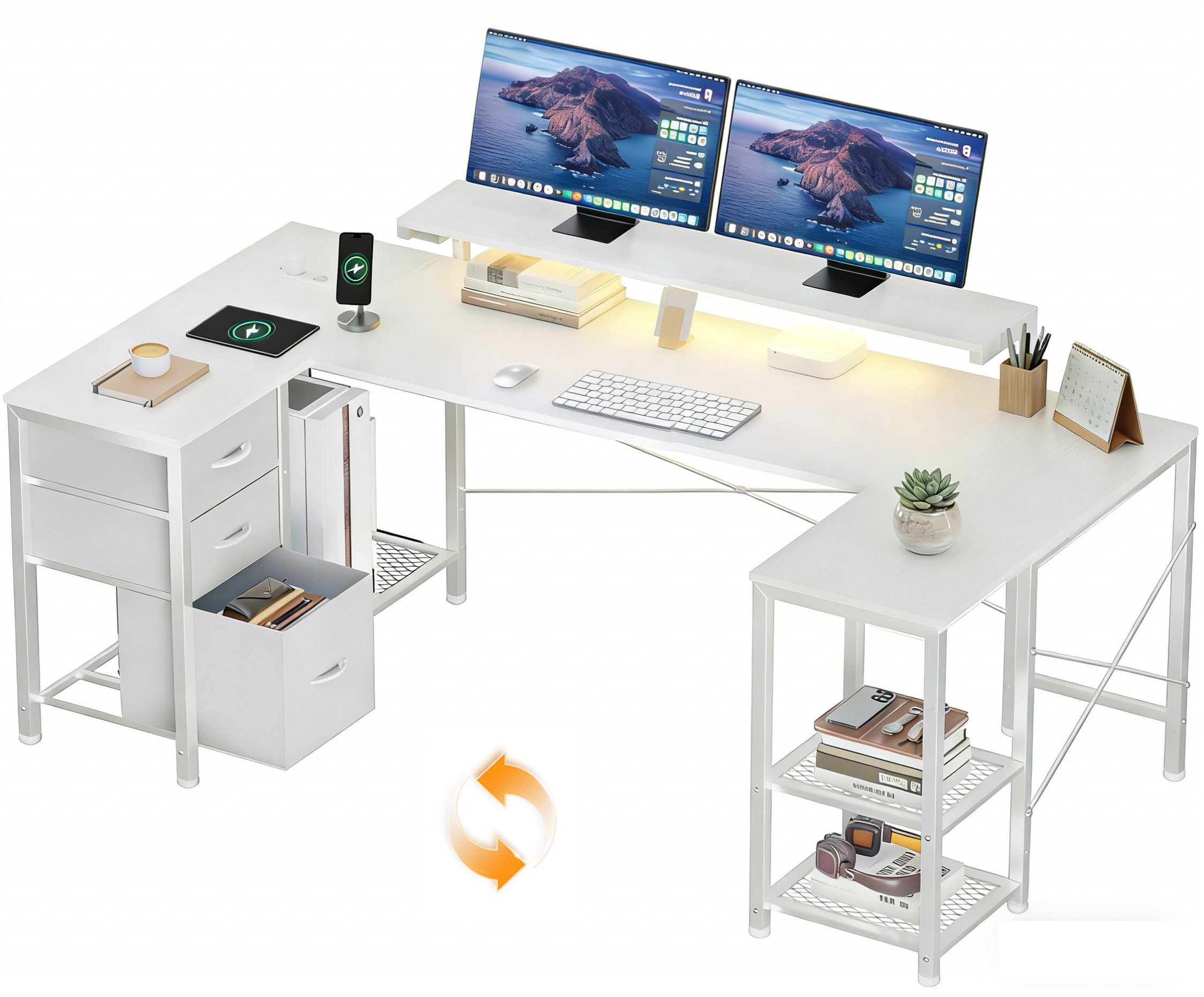 HOMALL Eckschreibtisch 170cm U-förmiger Schreibtisch mit LED-Monitorhalterung Gamingtisch (Die Monitorhalterung ist verstellbar und verfügt über zwei Steckdosen und zwei USB-Anschlüsse, drei Stoffschubladen und drei Gitterablagen. Sie kann links oder rechts angebracht werden)