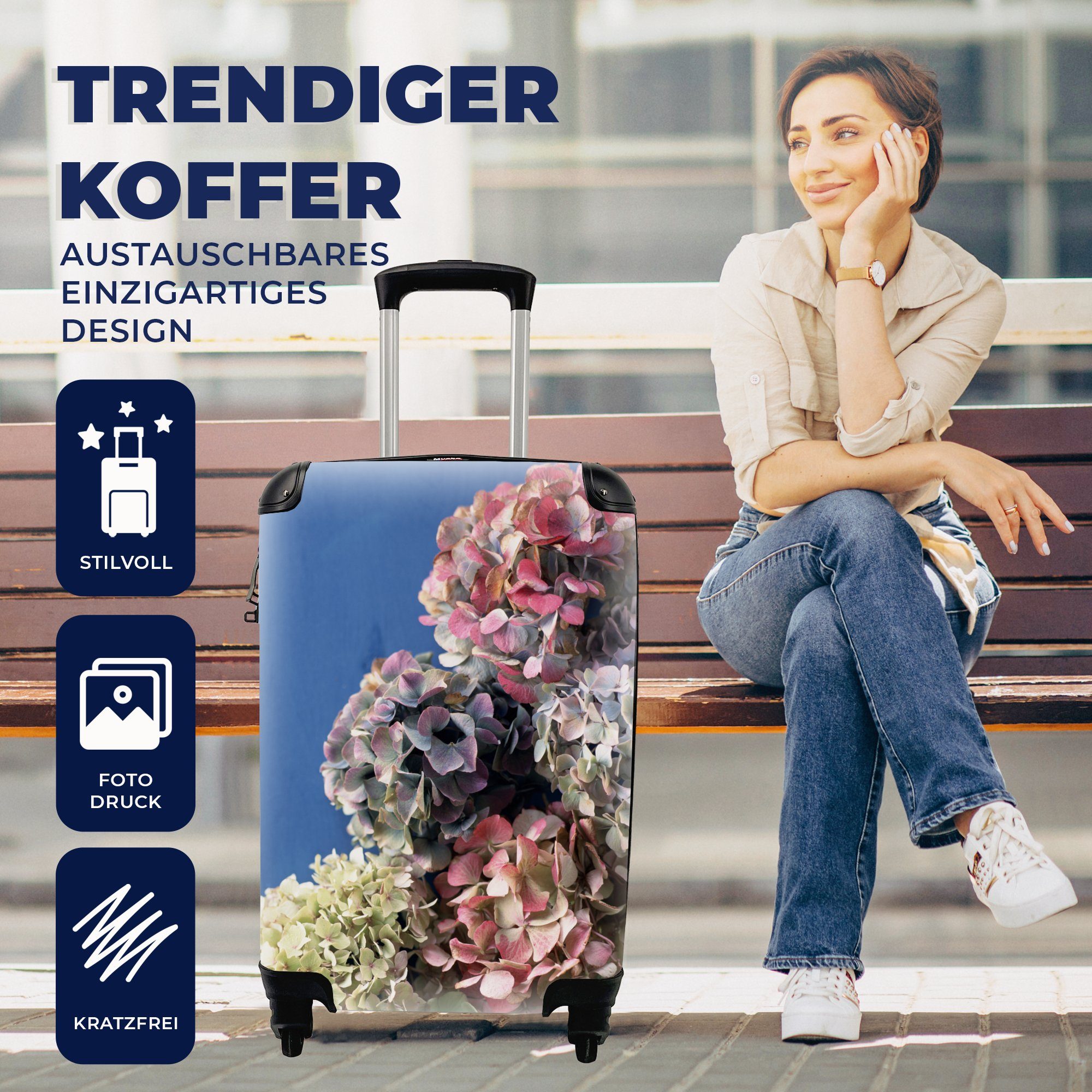 Hortensien Handgepäck Ferien, Reisekoffer Trolley, 4 Hintergrund, Handgepäckkoffer Reisetasche Rollen, für blauer mit rollen, MuchoWow