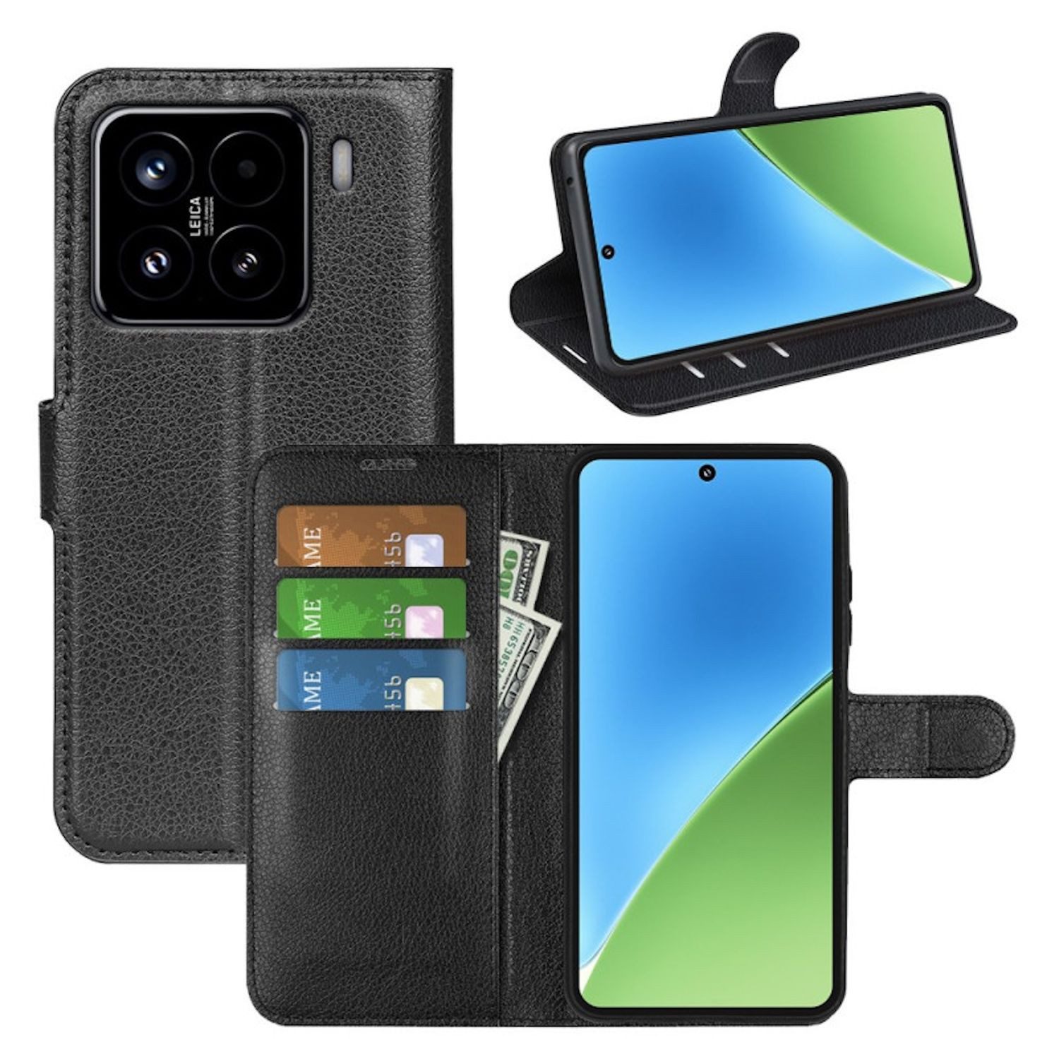 Wigento Smartphone-Hülle Für Xiaomi 15 Pro Kunstleder Book Wallet Tasche Hülle Cover Schwarz, Kunstleder Hülle mit Kartenfächern und Standfunktion
