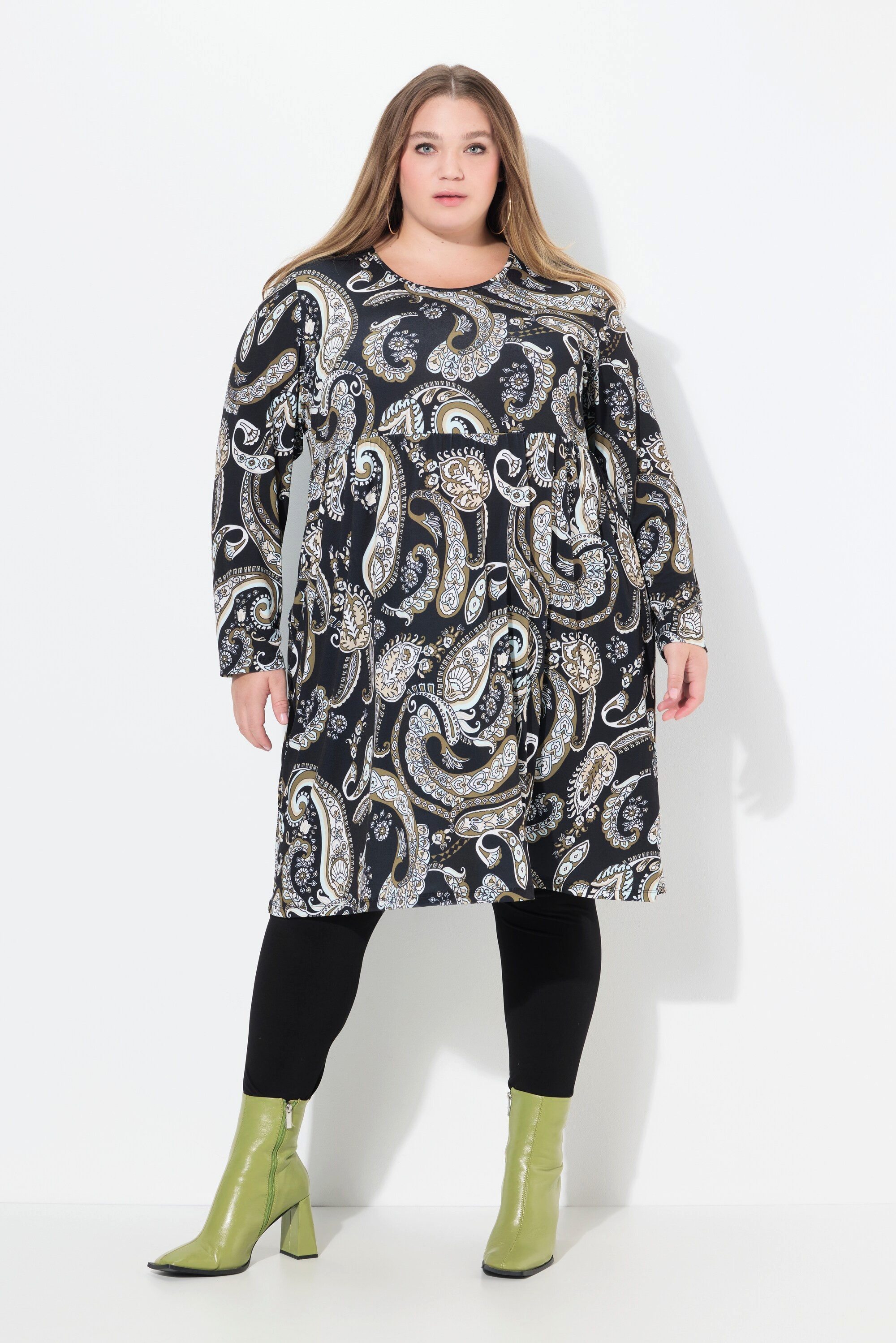 Ulla Popken Midikleid Jerseykleid Paisley A-Linie Rundhals Langarm