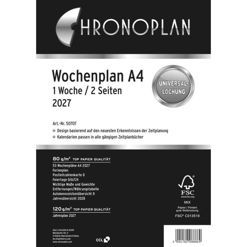 Avery Zweckform Terminkalender 50707 CHRONOPLAN Kalendereinlage 2027 A4 Wochenplaner