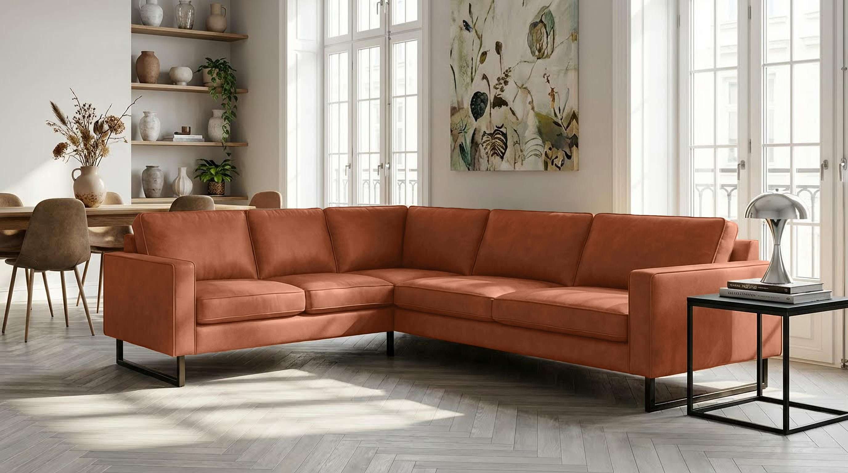Home affaire Ecksofa Pinto, XXL, 250/290 cm, langer Schenkel, Ottomane, Cord, Chenille, Lederoptik, mit Keder, Metallfüße, Wellenunterfederung