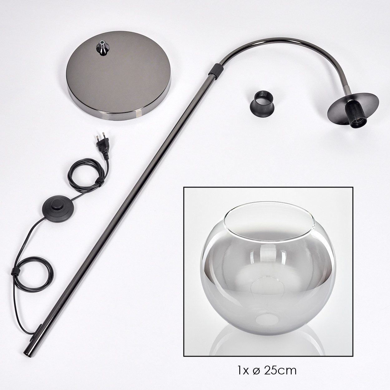 hofstein Bogenlampe Stehlampe aus Metall/Glas in Schwarz/Chrom-/Rauchfarben/Klar, verstellbare Stehleuchte im Retro-Design, Fußschalter, 140 cm, E27 – Bild 5 von 5