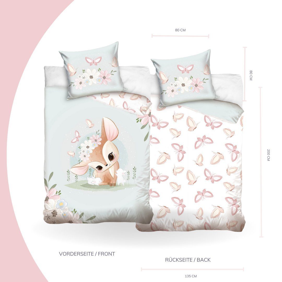 MTOnlinehandel Kinderbettwäsche Blumen Reh, Hase & Schmetterling 135x200 + 80x80 cm, 100 % Baumwolle, Satin, 2 teilig, mit YKK Reißverschluss · sanft, weich für – Bild 3 von 5