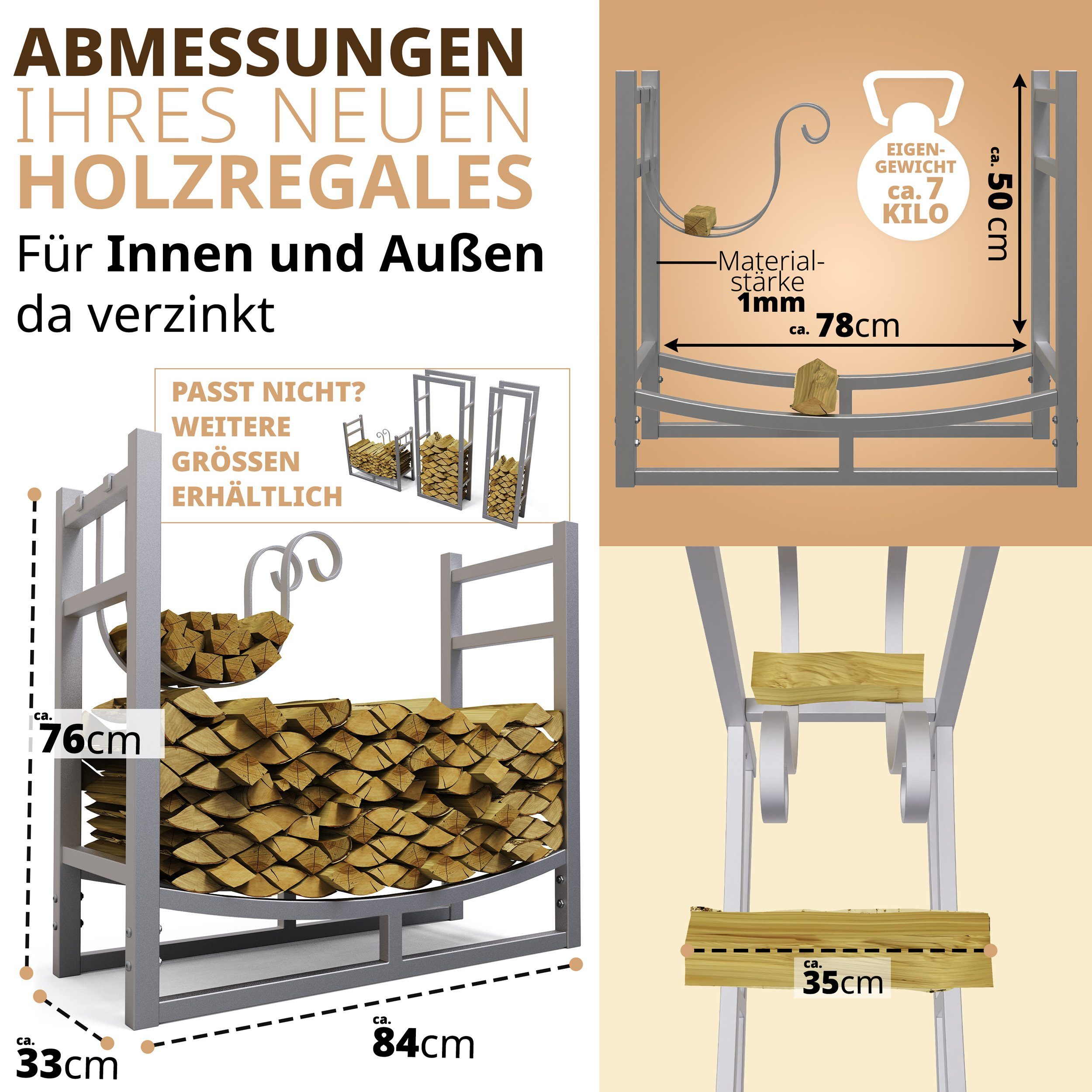 LAWA Living and Lifestyle Kaminholzregal Metall innen Kaminholzhalter Holzlege für 33cm Brennholz Scheite, BxTxH:84x33x76 cm, verzinkt / galvanisiert, pulverbeschichtet