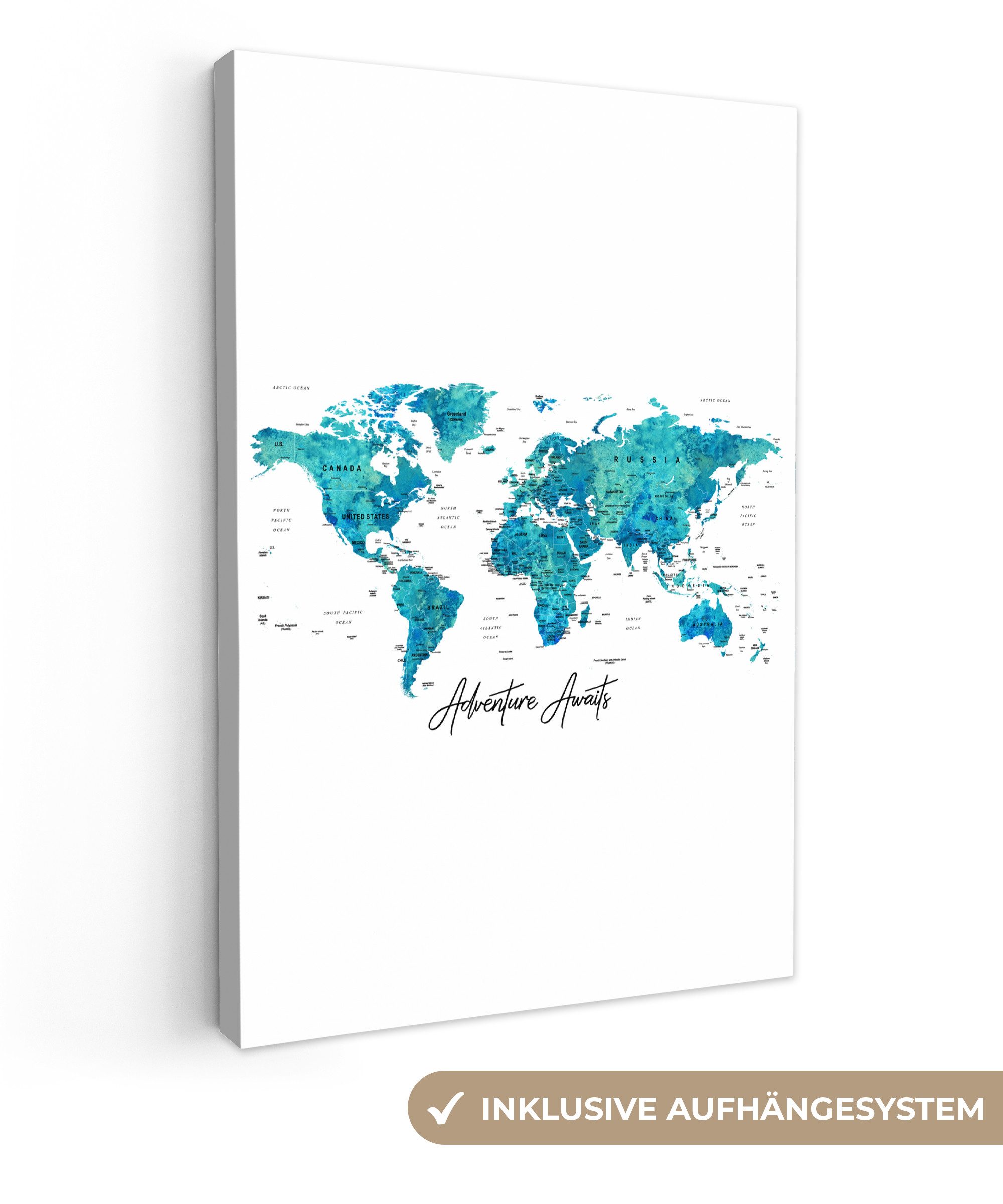 OneMillionCanvasses® Leinwandbild Weltkarte - Blau - Farbenfroh, Fotodruck (1 St), Leinwand Canvas Wandbild, Wanddekoration 20x30 cm