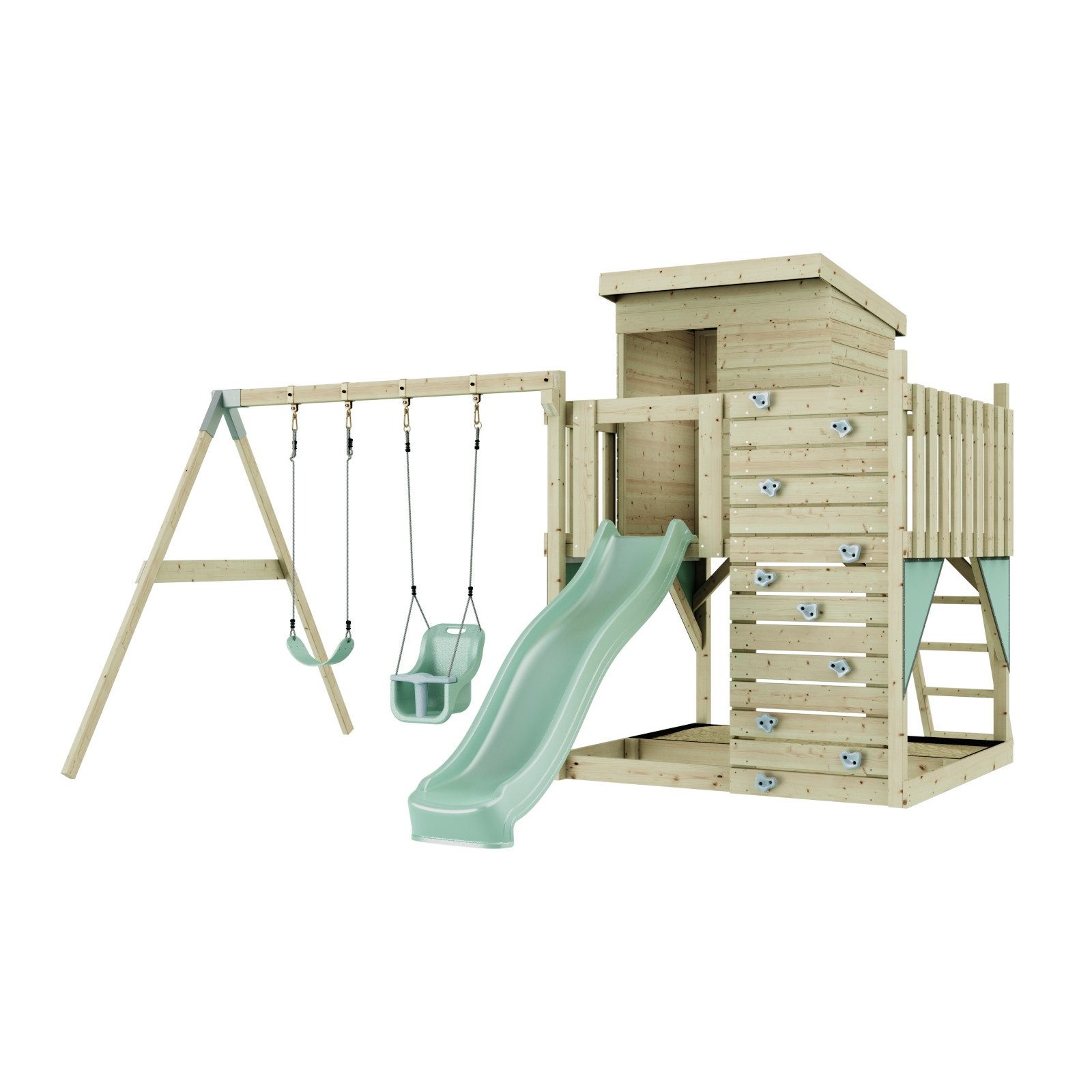 OutdoorToys Spielturm Björn, aus Holz in Mintgrün mit Babyschaukel & Rutsche, Kletterwand