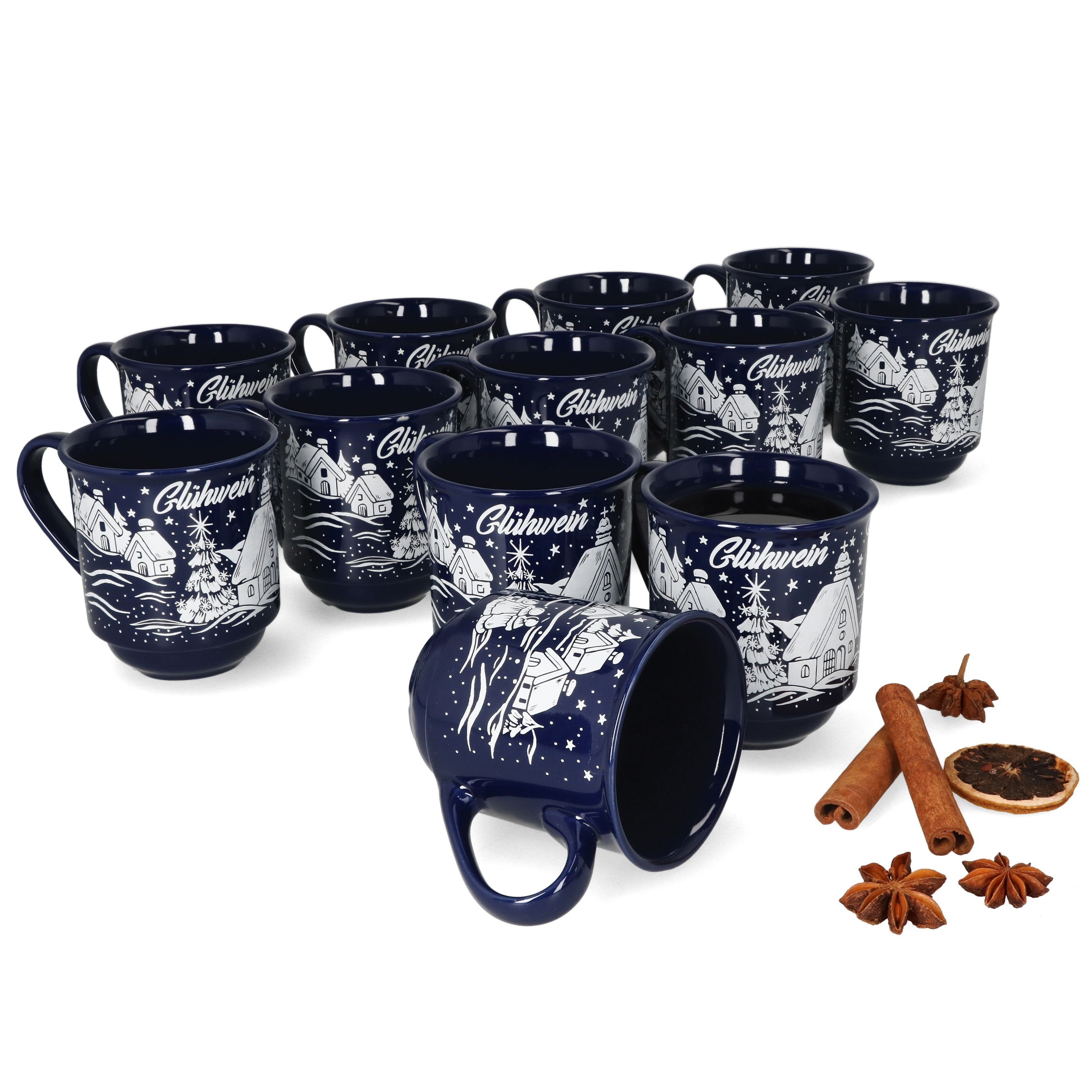 MamboCat Tasse 12er Set Glühweinbecher dunkelblau Weihnachtslandschaft 0,2L geeicht, Keramik, Weihnachtsgeschirr, Weihnachten, Weihnachtsmarkt, Punsch