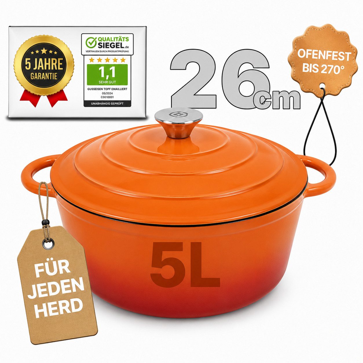 Ottia Schmortopf Gusseisen Topf lc, 26cm groß, 5L, Bräter, Brotbacktopf mit E-Book., Gusseisen, 3-fach Emaille, Händler aus Hamburg