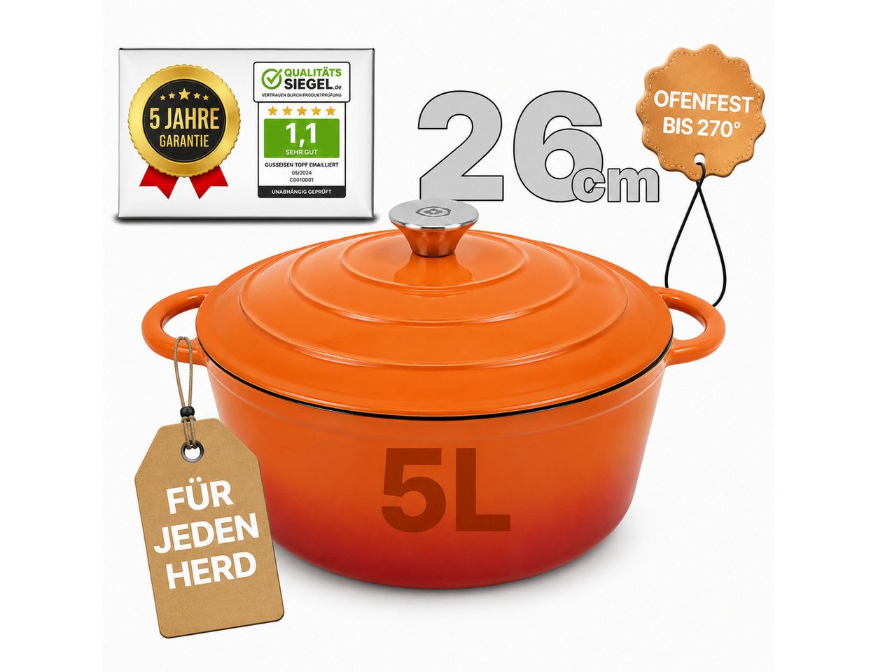 Ottia Schmortopf Gusseisen Topf lc, 26cm groß, 5L, Bräter, Brotbacktopf mit E-Book., Gusseisen, 3-fach Emaille, Händler aus Hamburg