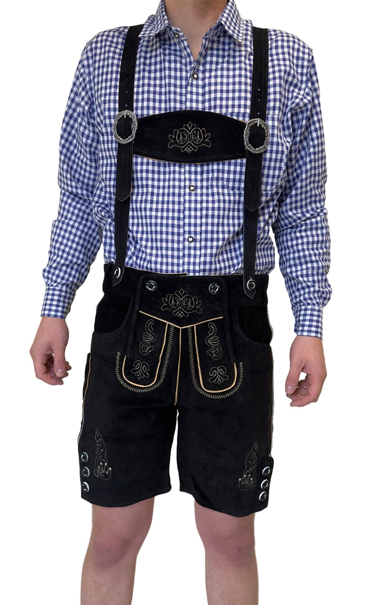 Dretaild Trachtenhose Herren Lederhose Tracht Trachtenhose Hosenträgern, Schwarz Kurz mit Tracht Oktoberfest Premium Rindleder