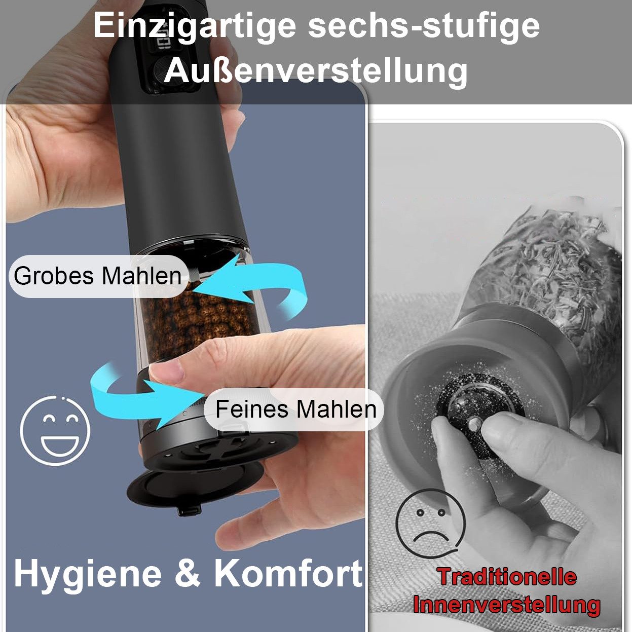 ibettertec Salz-/Pfeffermühle Salz und Pfeffermühle Salzmühle 2er Set Elektrisch USB Aufladbar (Wiederaufladbar, LED Beleuchtung, mit einstellbarem Keramikmahlw – Bild 4 von 5