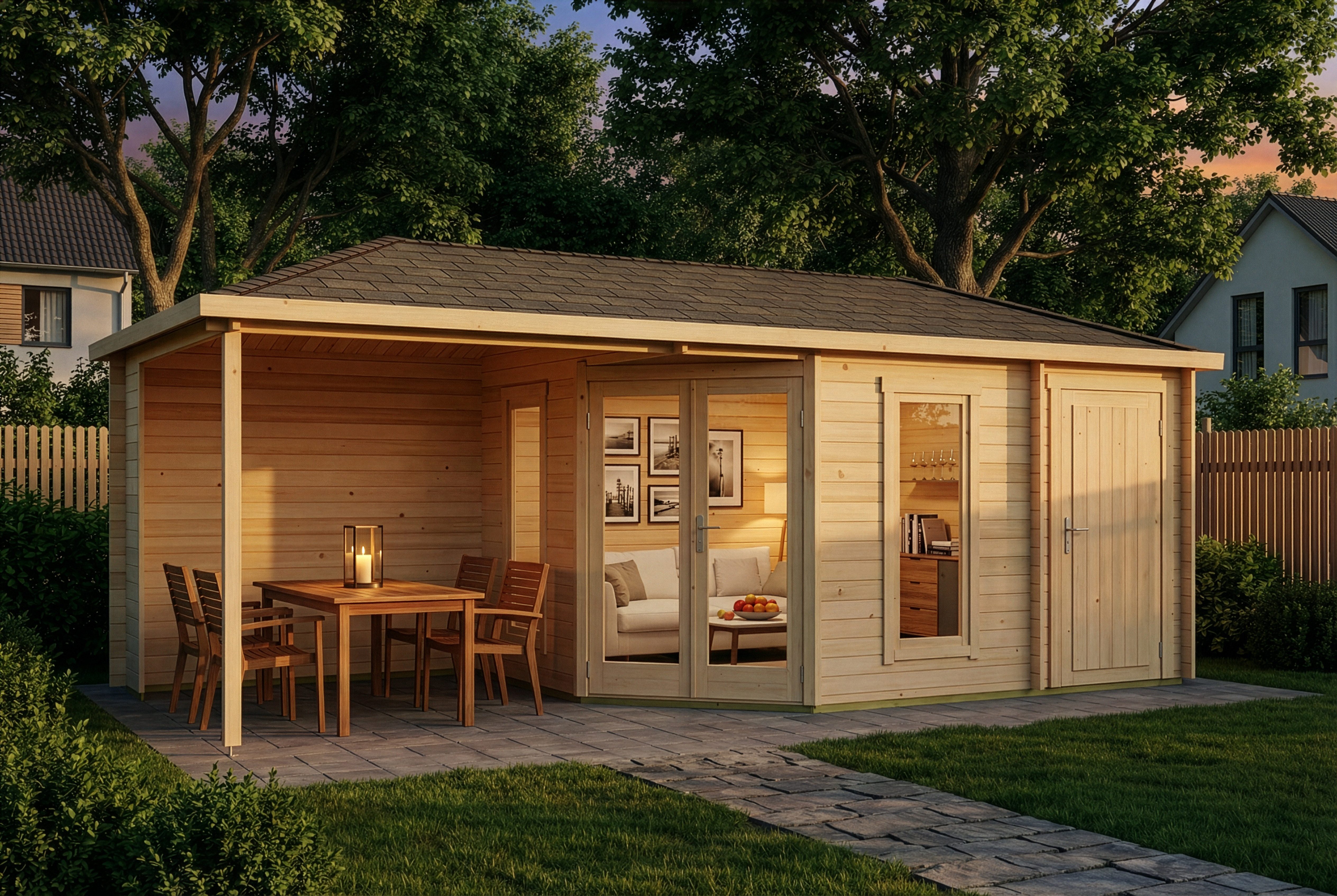 Alpholz Gartenhaus Holz 5-Eck Liwa mit Anbau, BxT: 728x317 cm, in Naturbelassen mit 28mm Wandstärke