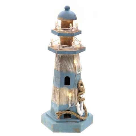 ELLUG Dekoobjekt Leuchtturm aus Holz in braun-blau mit LED-Lichtern und maritimen Details zum Stellen, Stehdekoration