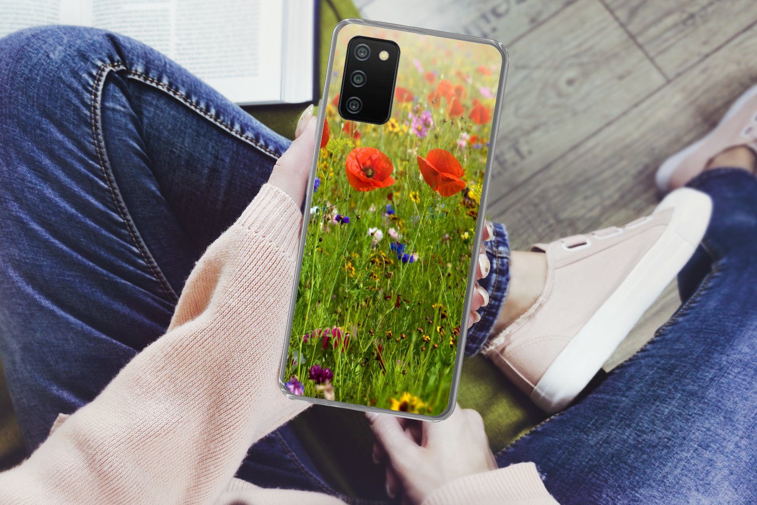 MuchoWow Handyhülle für Samsung Galaxy A03s Frühling - Blumen - Rot - Mohn - Gras - Grün, Smartphone-Bumper, Print, Handy Schutzhülle Dünn