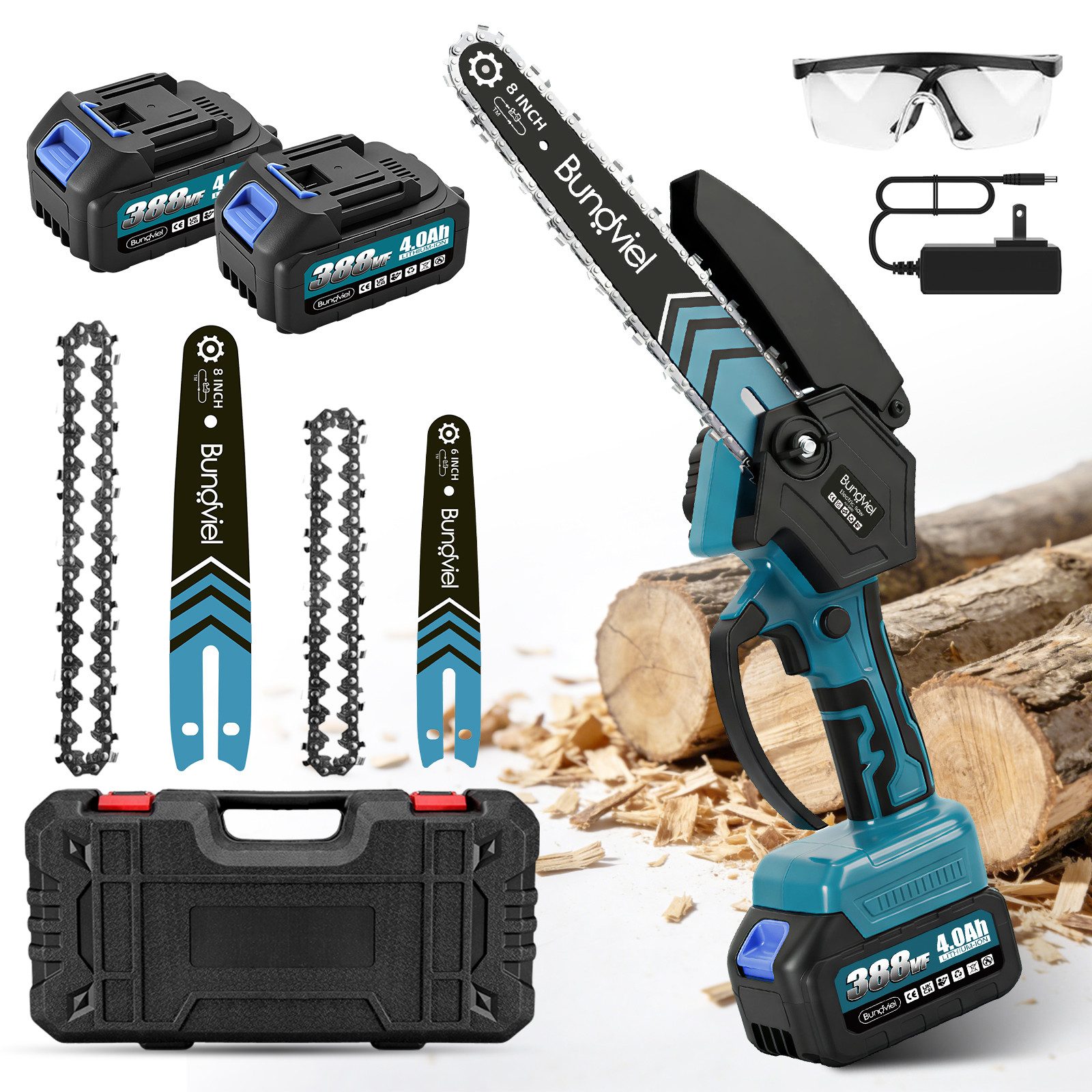 Bundviel Akku-Kettensäge 6+8'' Mini Kettensäge 880W Bürstenlose Elektro-Kettensäge 4.0AH Akkus, 2*4 AH akkus, 880W, Bürstenlosen Motor