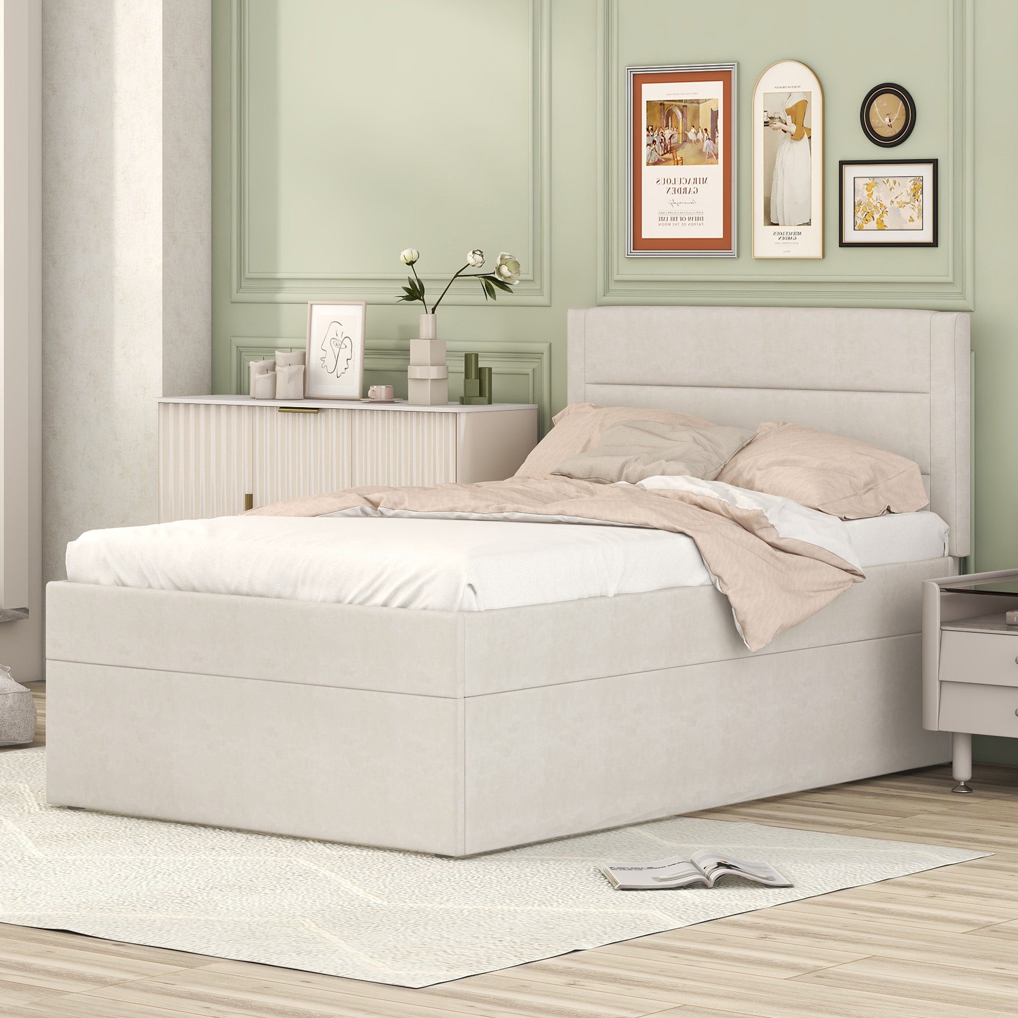 Leinen Polsterbett, Boxbett Stauraum beige Einzelbett 90x200cm Flieks mit