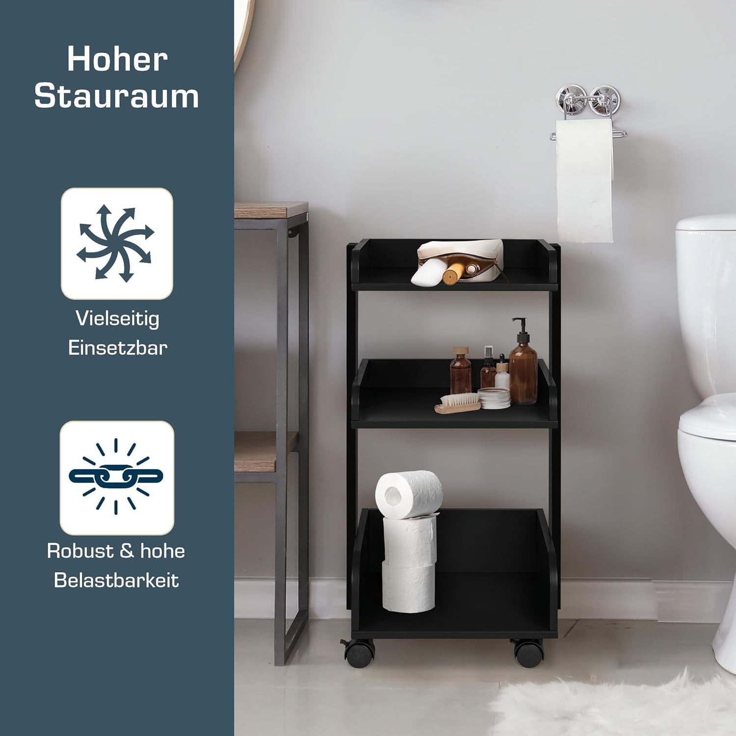 bomoe Rollwagen Aufbewahrungswagen mit Rollen 69 cm hoch Bosse, Schwarz, Holz Rollwagen Badezimmer Büro Küchenwagen Schwarz Servierwagen – Bild 5 von 5