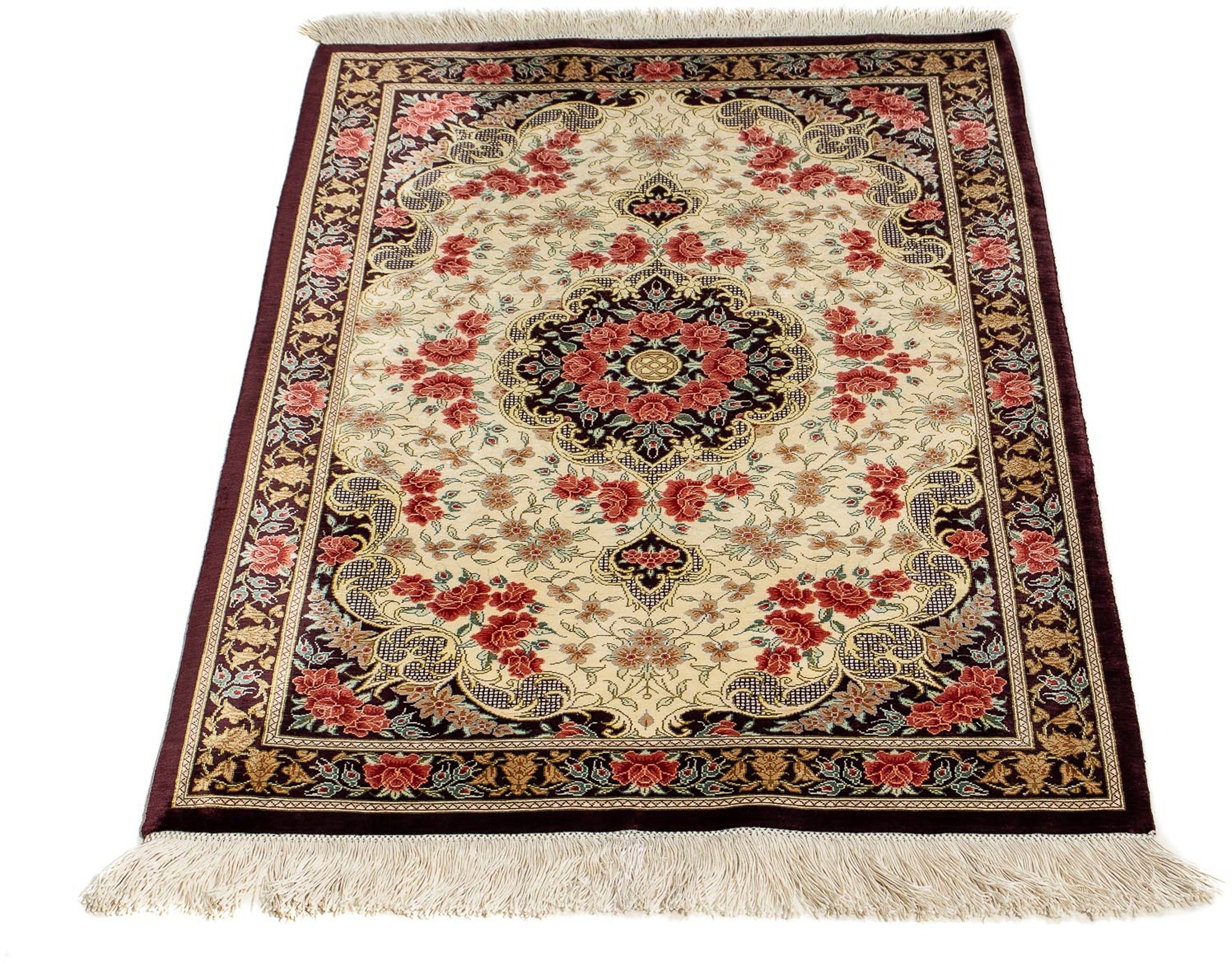 Orientteppich Perser - Ghom - 93 x 60 cm - beige, morgenland, rechteckig, Höhe: 10 mm, Wohnzimmer, Handgeknüpft, Einzelstück mit Zertifikat