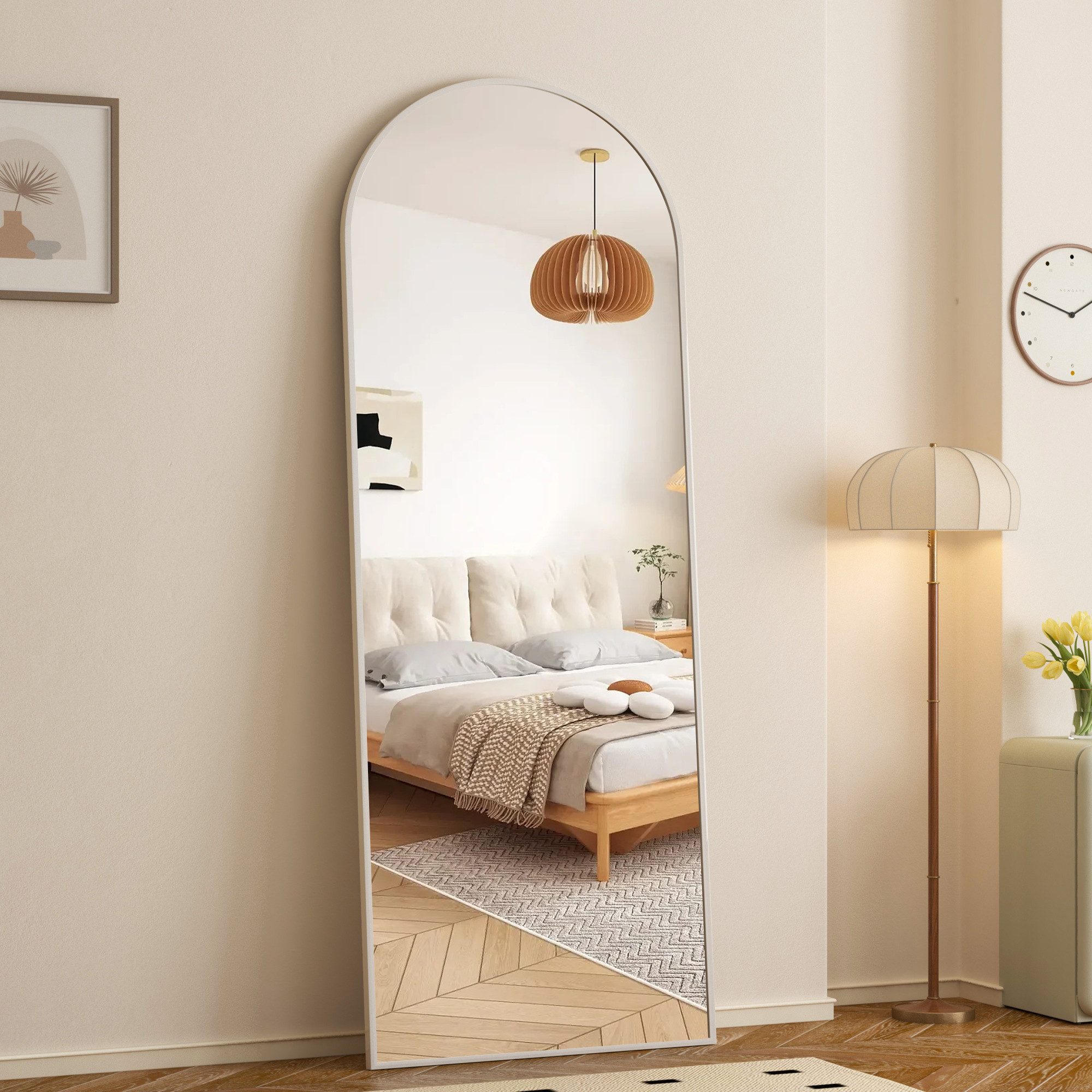 WDWRITTI Standspiegel Ganzkörperspiegel Oval Weiß Schwarz Gold Alurahmen 150x50cm (5mm HD Spiegel, mit Sicherheitsfolie), für Wohnzimmer Schlafzimmer Flur Badezimmer