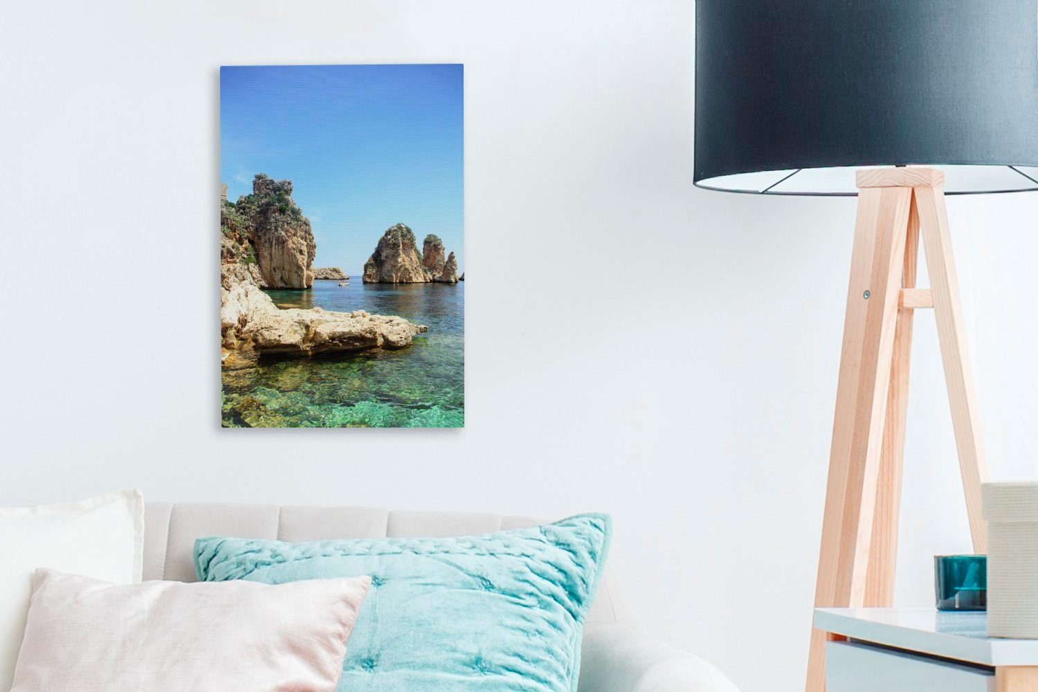 Leinwandbild bespannt Scopello Blick Meer auf Italien, Leinwandbild 20x30 von OneMillionCanvasses® inkl. Zackenaufhänger, St), Gemälde, fertig (1 Ein cm das
