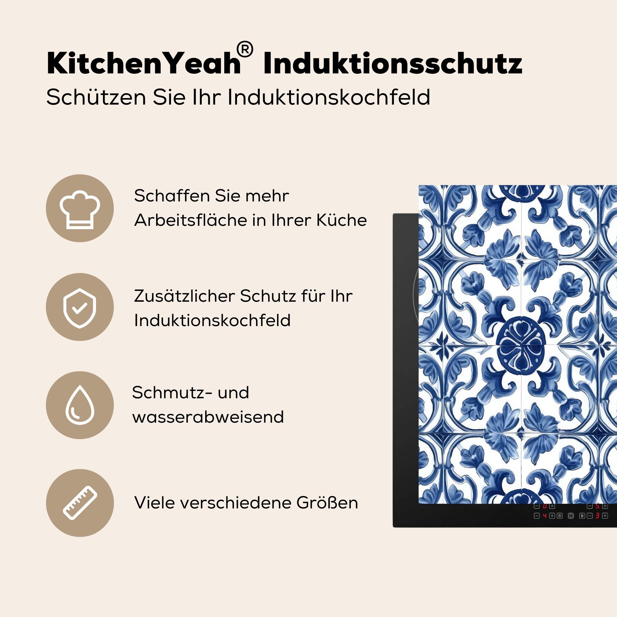 Kunst Vinyl, Mobile Niederländisch - Ceranfeldabdeckung MuchoWow - Blau 60x52 Fliese, cm, (1 Herdblende-/Abdeckplatte Arbeitsfläche - tlg), nutzbar, Delfter