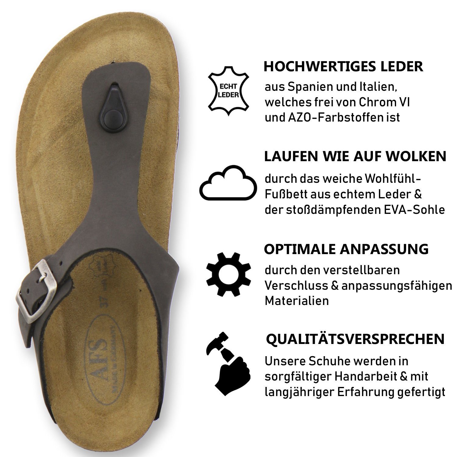 Damen Germany Made Fussbett, für mit stone 2107 in aus Zehentrenner AFS-Schuhe Leder