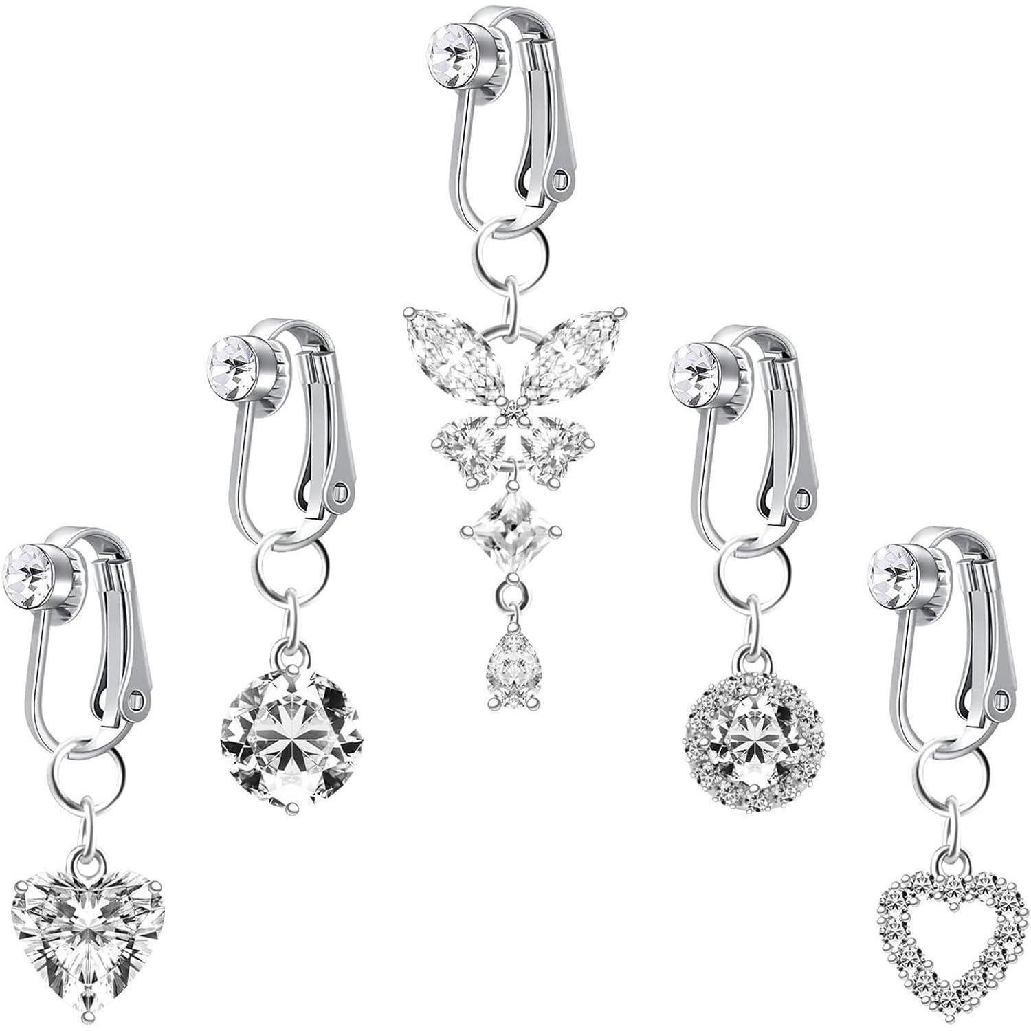 Amazluck Bauchnabelpiercing-Set 5 Fake Bauchnabelpiercings Silber Herz Schmetterling Kristallkugel
