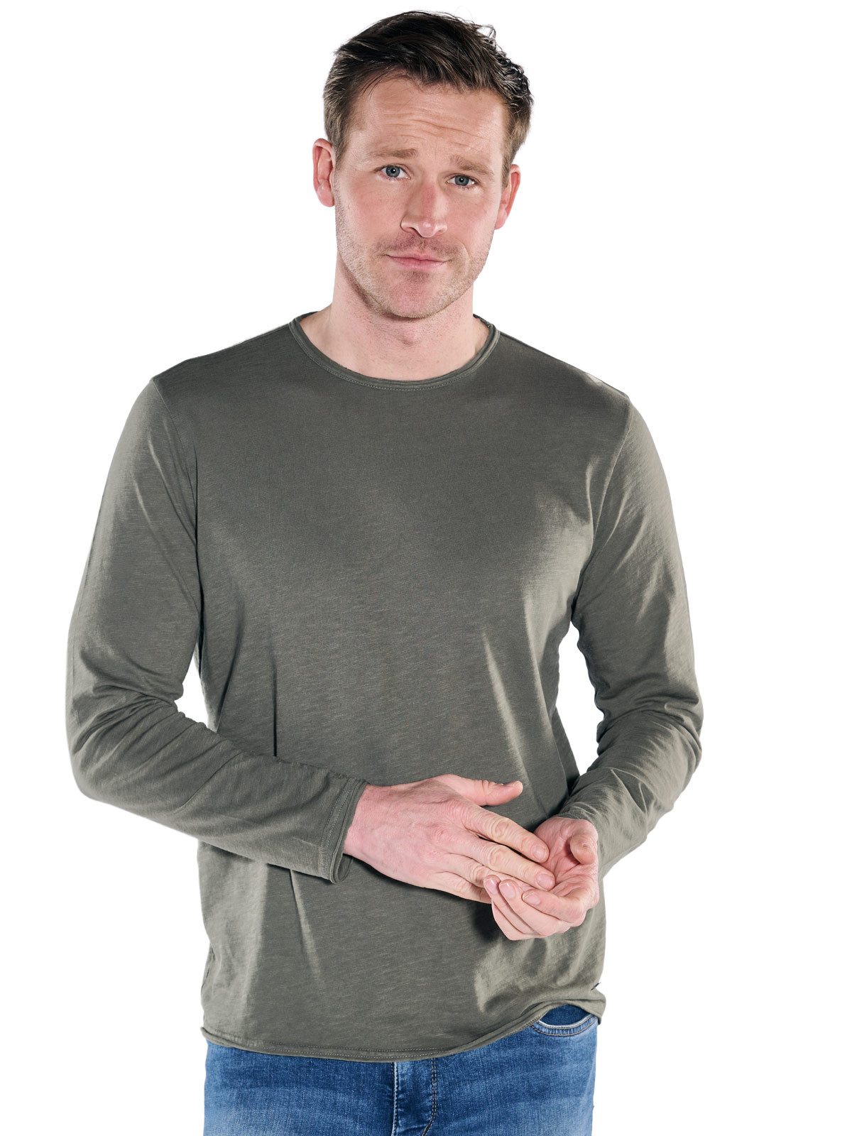 Engbers Langarmshirt Herren Rundhals Shirt, Oliv