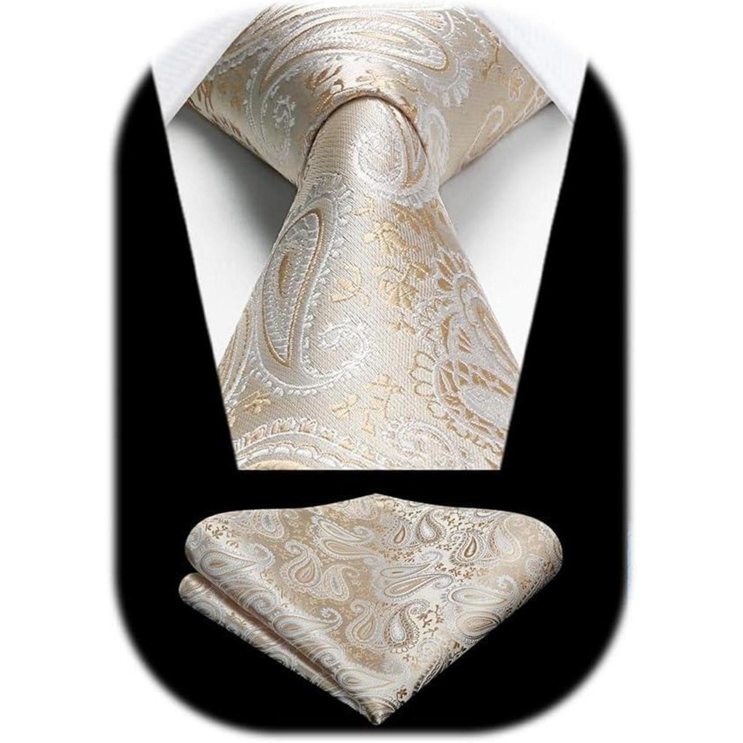 LuxusKollektion Krawatte Krawatte Herren Hochzeit Paisley Einstecktuch Set N-Beige-1