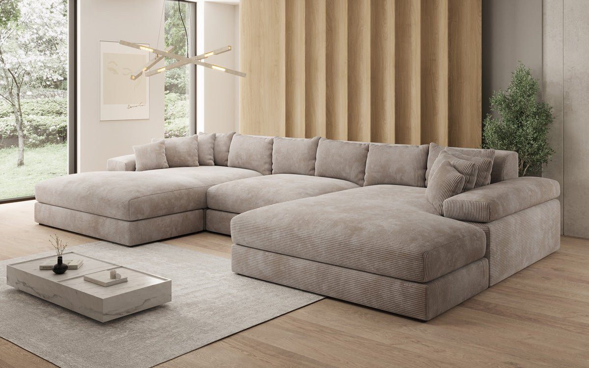Luxusbetten24 Sofa Designer Sofa Bernardo U in Cord, mit breiter Ottomane