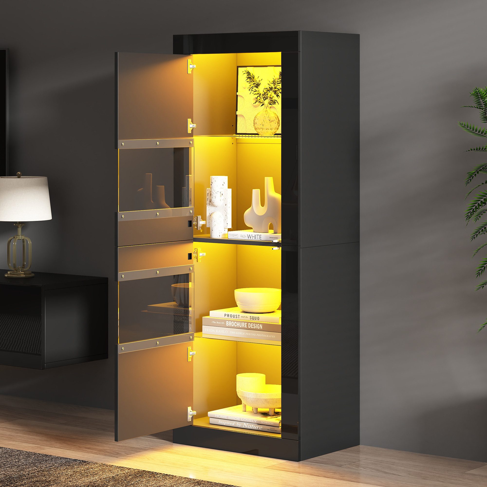 REDOM Vitrine Regal 61x42x162 cm in Hochglanz Schwarz mit LED-Beleuchtung (Packung, 1-St., Präsentiert auf 4 Fächern mit Glasboden) Elegante Vitrine mit LED-Beleuchtung