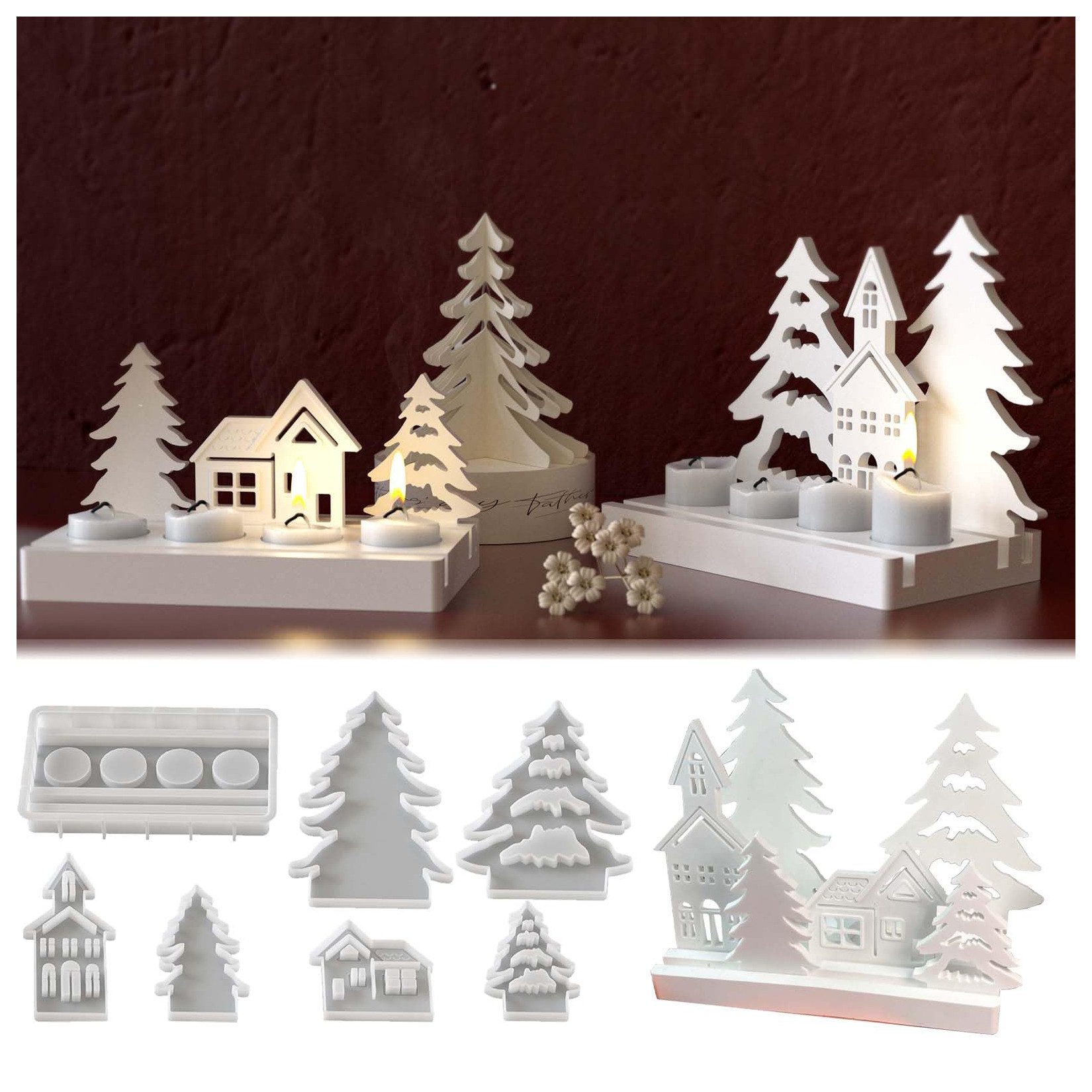 Coonoor Modellierwerkzeug 7-teiliges Silikonform-Set Weihnachten – Kerzenhalter, Weihnachtsbaum, (7 St), DIY Gießformen für Epoxidharz und Gipsguss