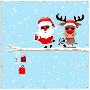 Wallario Sichtschutzzaunmatten Cooler Weihnachtsmann mit Rentier auf einem Ast