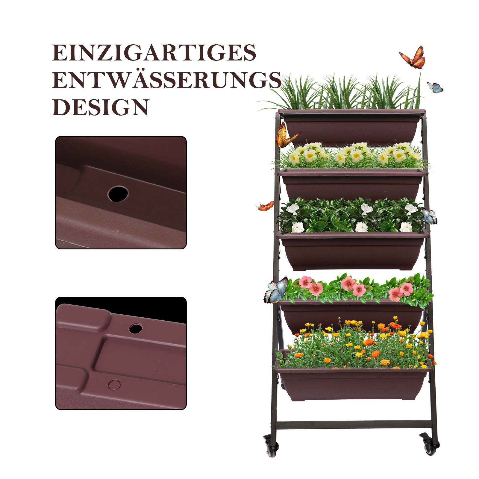 KAHOO Pflanzentreppe 5-stöckiger Blumenständer, 66x65x134cm, Rädern + 5 Kasten