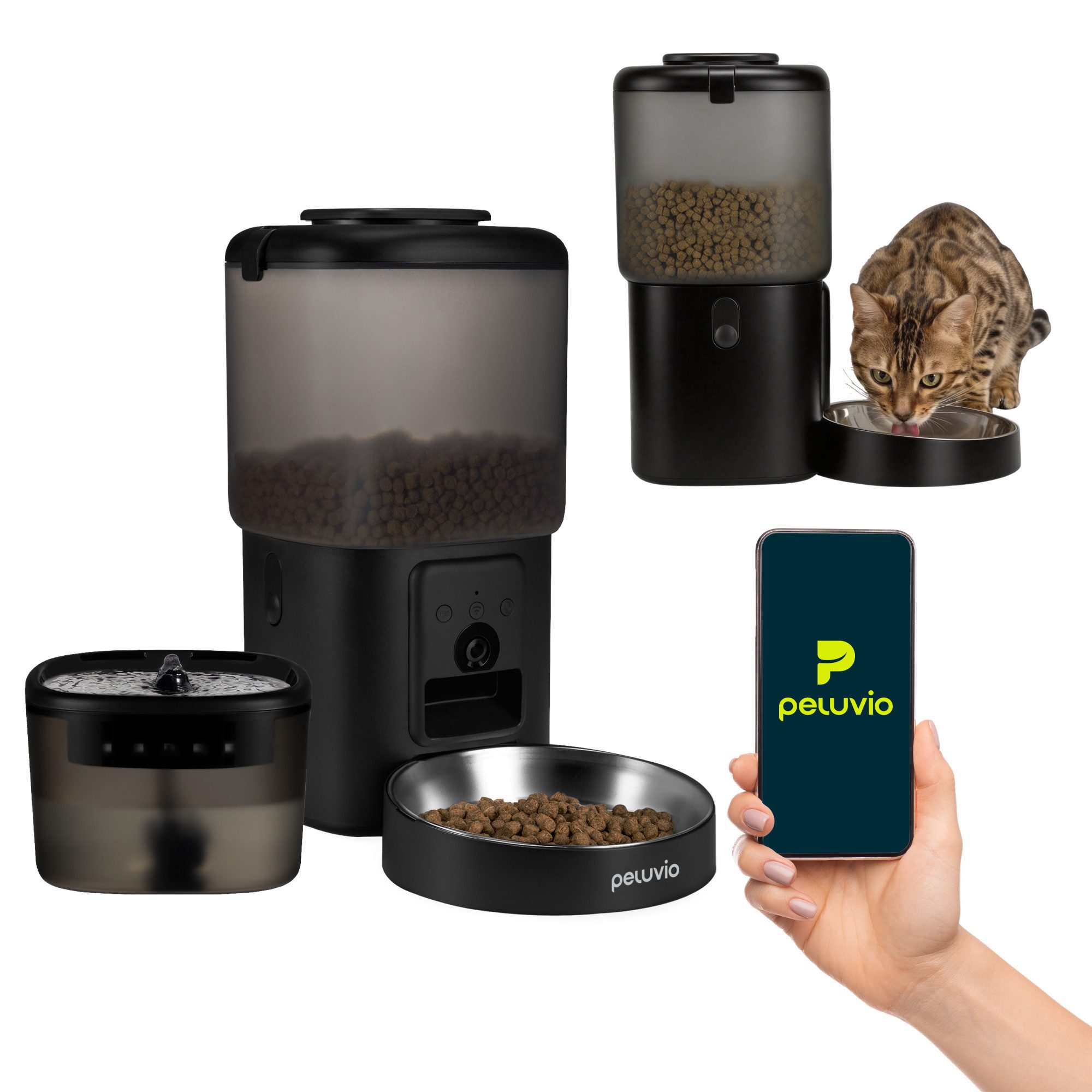 Peluvio Katzen-Futterautomat FEAST CAT, 2in1 Futterautomat+Trinkbrunnen/App+3MP Kamera/Notstrom