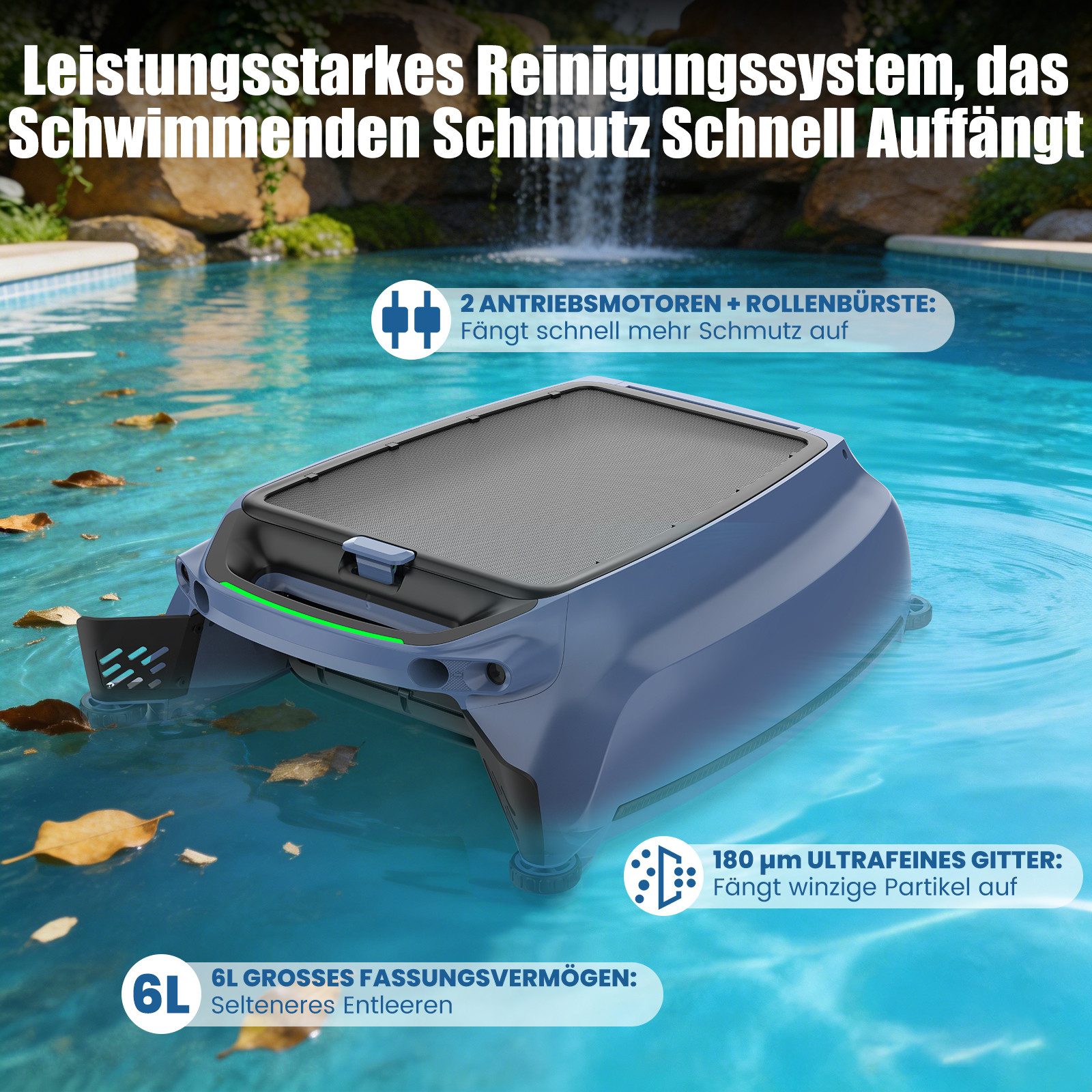 AIRROBO Poolroboter SP200 Solar Skimmer Roboter Poolreiniger, (Packung, 2-St., automatische Oberflächenreinigung, Hinderniserkennung), zwei Ladeoptionen, App-Steuerung rund um die Uhr