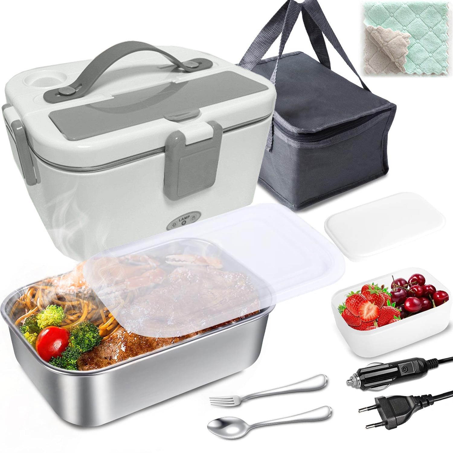 MOPUEA Elektrische Lunchbox 3 in 1 Elektrische Lunchbox, Lunchbox Brotdose aus Edelstahl, (1,8 L Großes,Auskleidung aus Edelstahl 304, isolierte Lunchbox für Zuhause und Auto), schnelles Erhitzen von Speisen, Design mit zwei Fächern