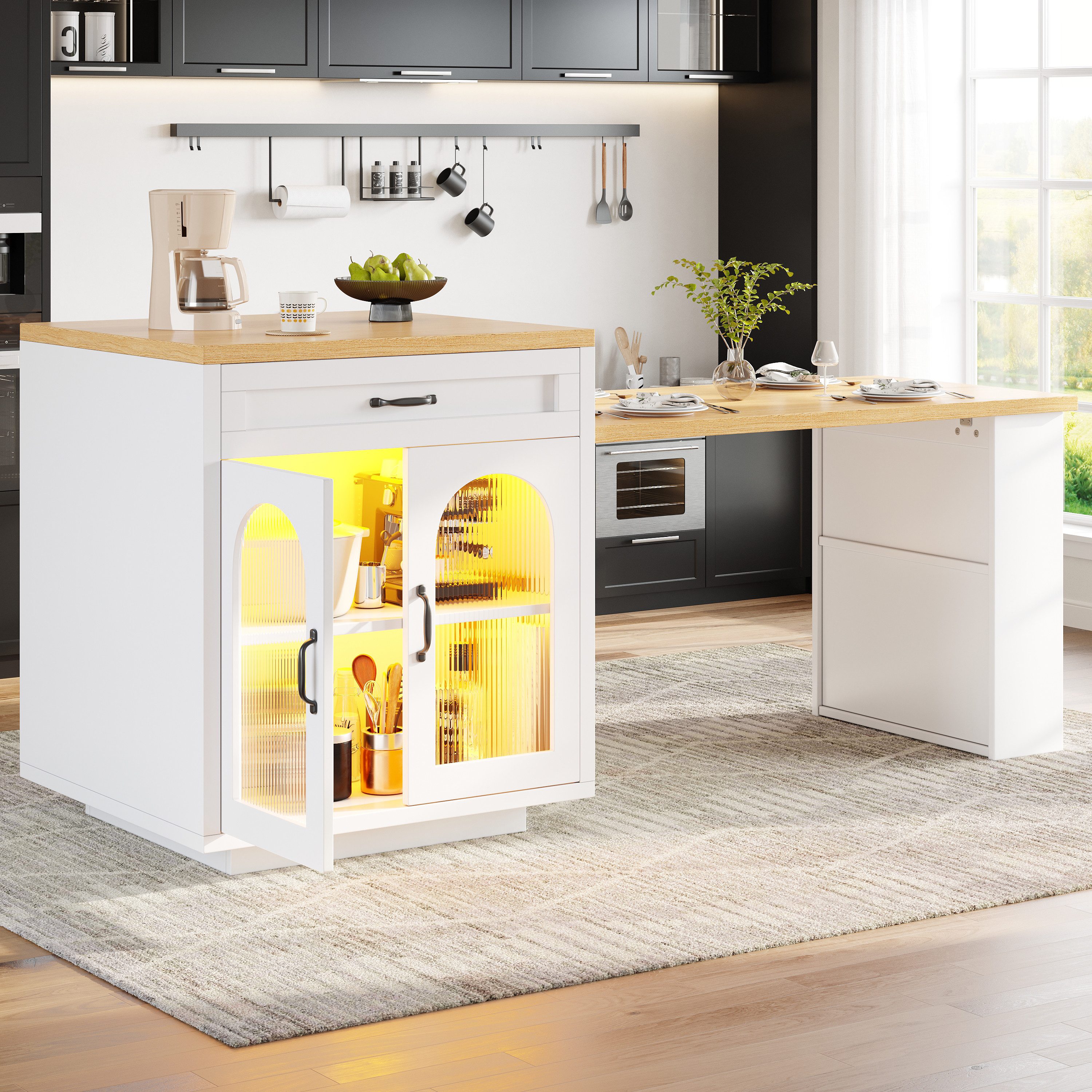 Flieks Kücheninsel mit ausziehbarer Esstisch, Arbeitsplatte in Holzoptik, (Länge 126-196/T70/H94 cm), Küchentisch & Mehrzweckschrank mit LED, 2 Schubladen und Glastüren