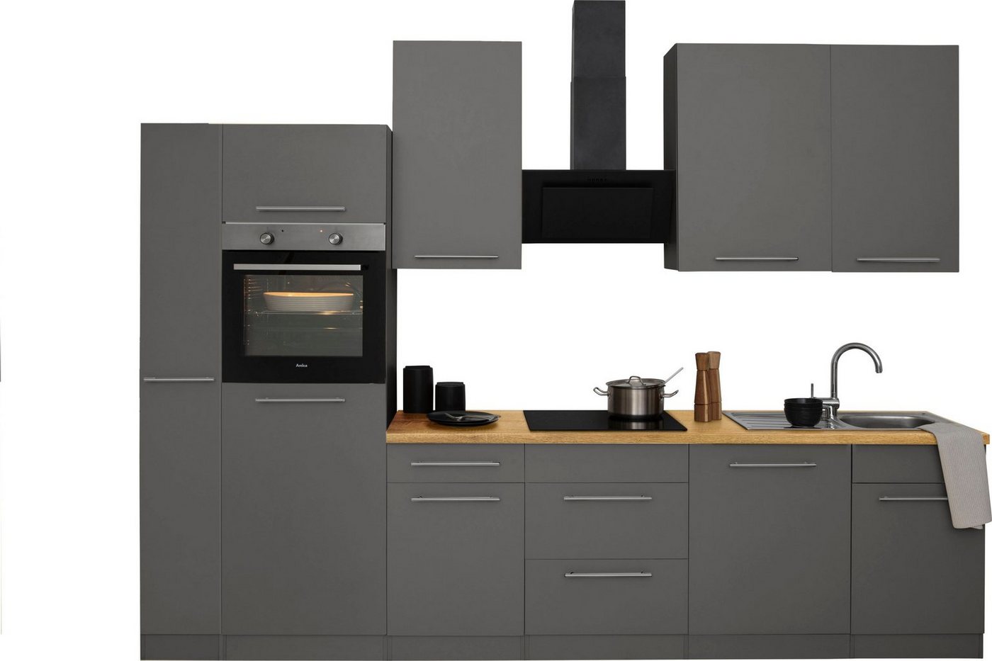 wiho Küchen Küchenzeile Unna, mit E-Geräten, Breite 310 cm grau