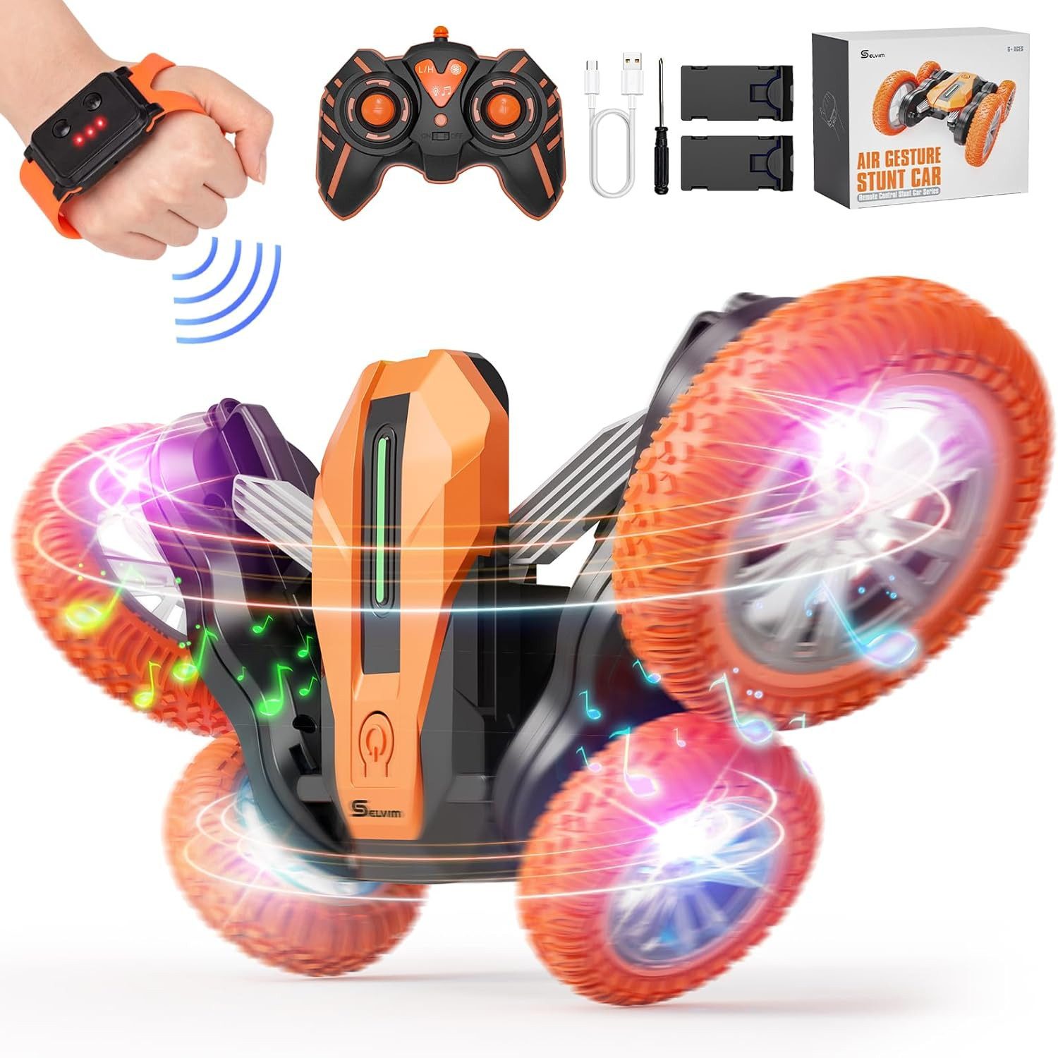 Vivitar Spielzeug-Auto RC-Stuntauto mit Gestensteuerung, 2,4-GHz-Fernbedienung, 360°-Drehung, (LED-Licht & Musik, Geschenkidee für Jungen und Mädchen, Zwei-Wege-Fahrt, robustes Kinderspielzeugauto für drinnen & draußen), 2 Akkus für bis zu 60 Minuten Spielzeit, Allrad-Geländewagen