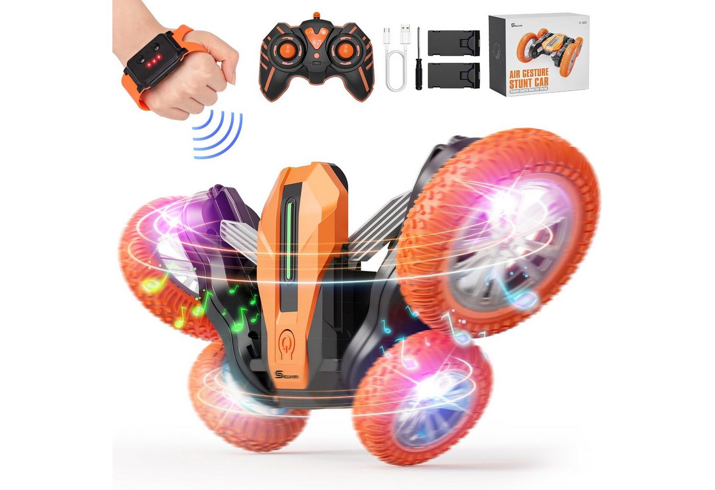 Vivitar RC-Auto RC-Stuntauto mit Gestensteuerung, 2,4-GHz-Fernbedienung, 360°-Drehung (LED-Licht & Musik, Geschenkidee für Jungen und Mädchen, Zwei-Wege-Fahrt, robustes Kinderspielzeugauto für drinnen & draußen), 2 Akkus für bis zu 60 Minuten Spielzeit, A