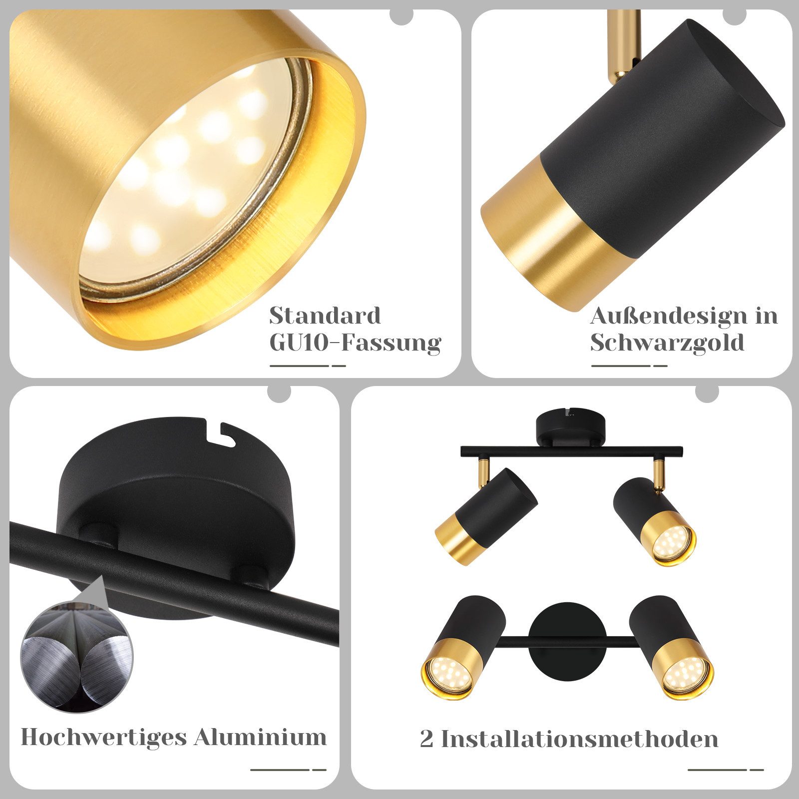 ZMH Deckenstrahler 2/3/4 Flammig-GU10 Schwarz-Gold Modern Deckenlampe für Wohnzimmer, ohne Leuchtmittel – Bild 5 von 5