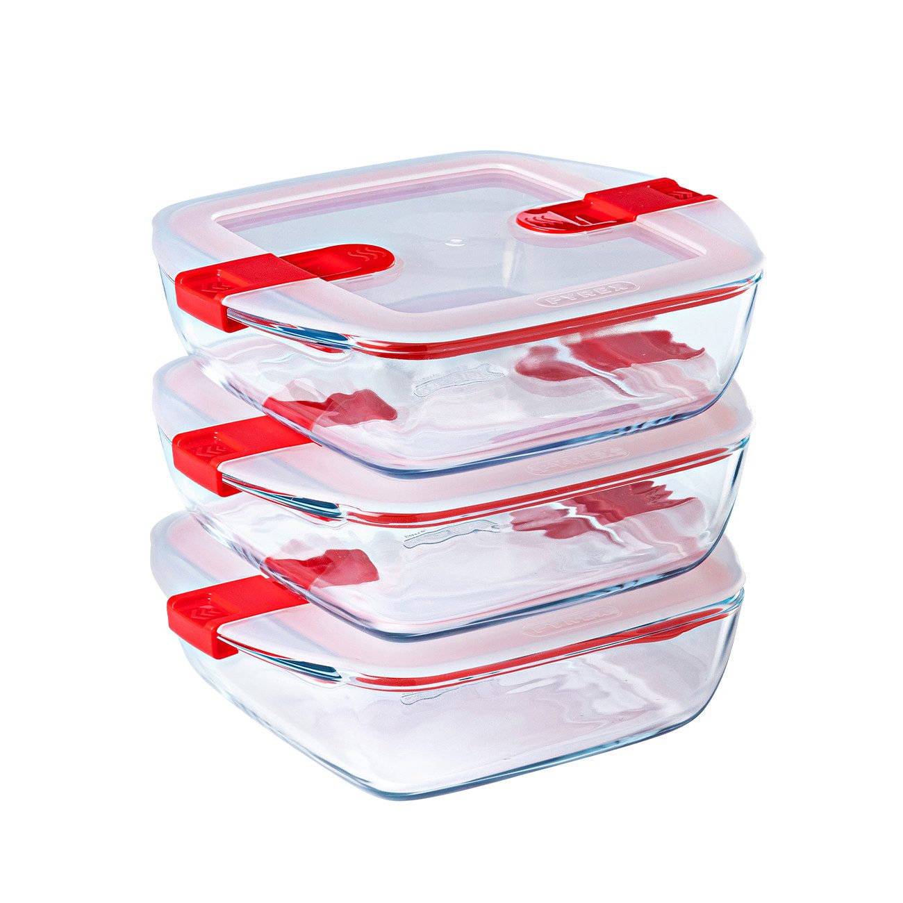 PYREX Frischhaltedose Cook & Heat - Bundle bestehend aus 3 Frischhaltedosen mit Ventil, (3-teiliges Aufbewahrungsset, 3x Pyrex Cook & Heat Frischhaltedose quadratisch 20 x 17 x 5,5 cm 1,0l), Hitzebeständiges Glas, mit Dampfventil, BPA-frei, ideal für Mikrowelle