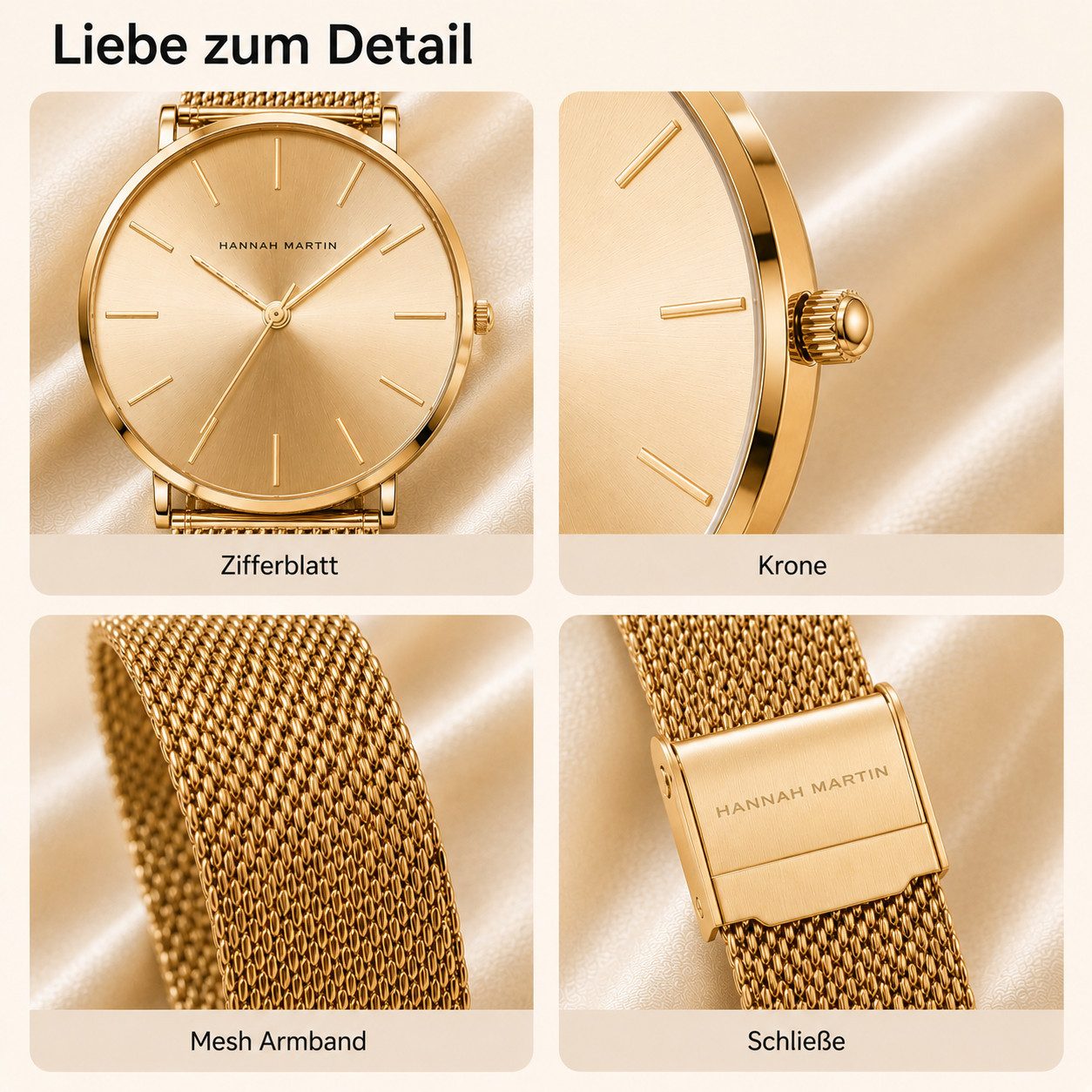 Toomoke Quarzuhr Damen Armbanduhr 36 mm, Quarzuhr mit Edelstahl-Mesharmband, (Ultraflaches 6,9 mm Gehäuse, 3 ATM spritzwassergeschützt), Elegante Business Uhr in Gold