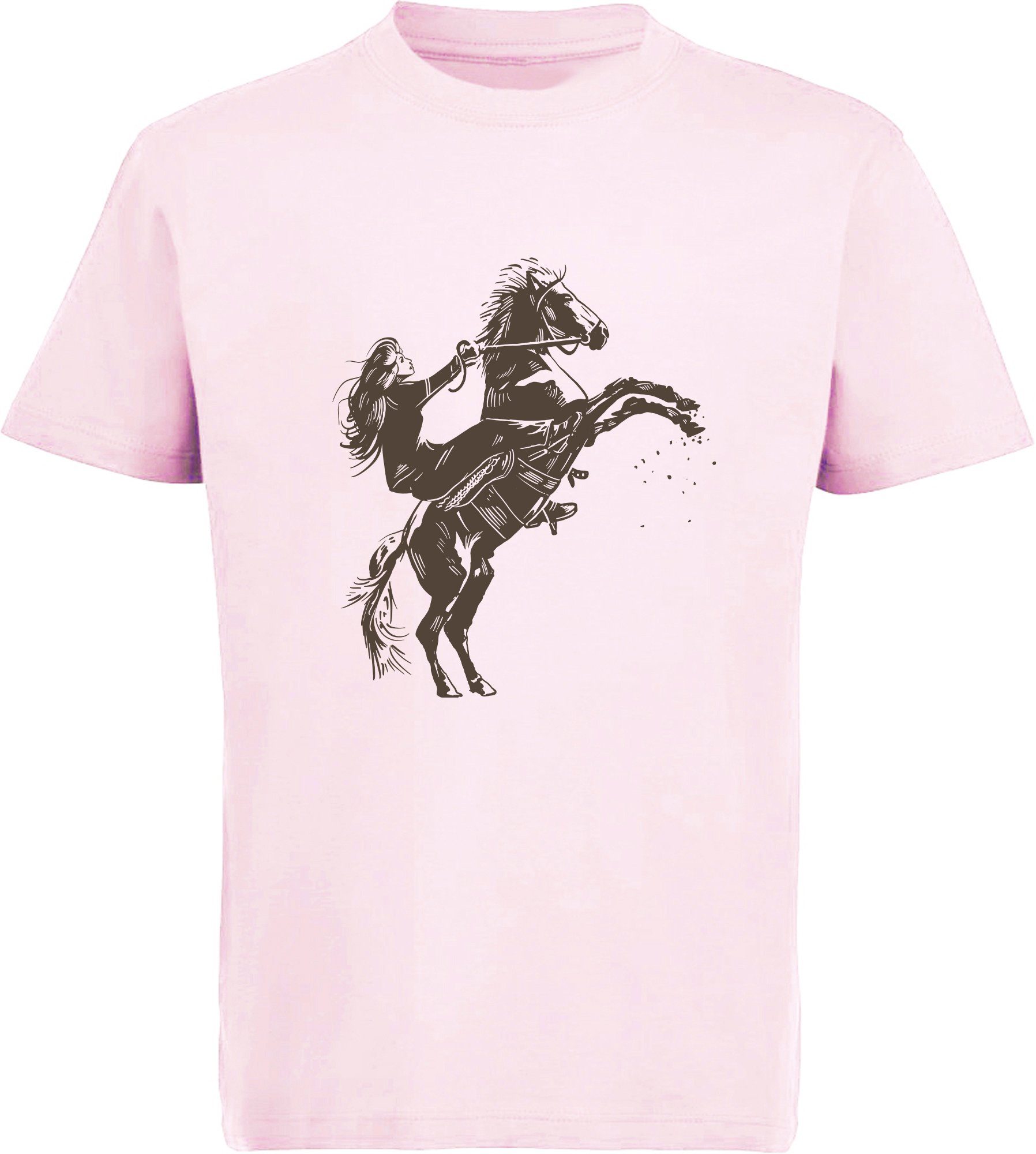 MyDesign24 T-Shirt Kinder Pferde Print Shirt bedruckt - Aufsteigendes Pferd mit Reiter Baumwollshirt mit Aufdruck, i252 rosa