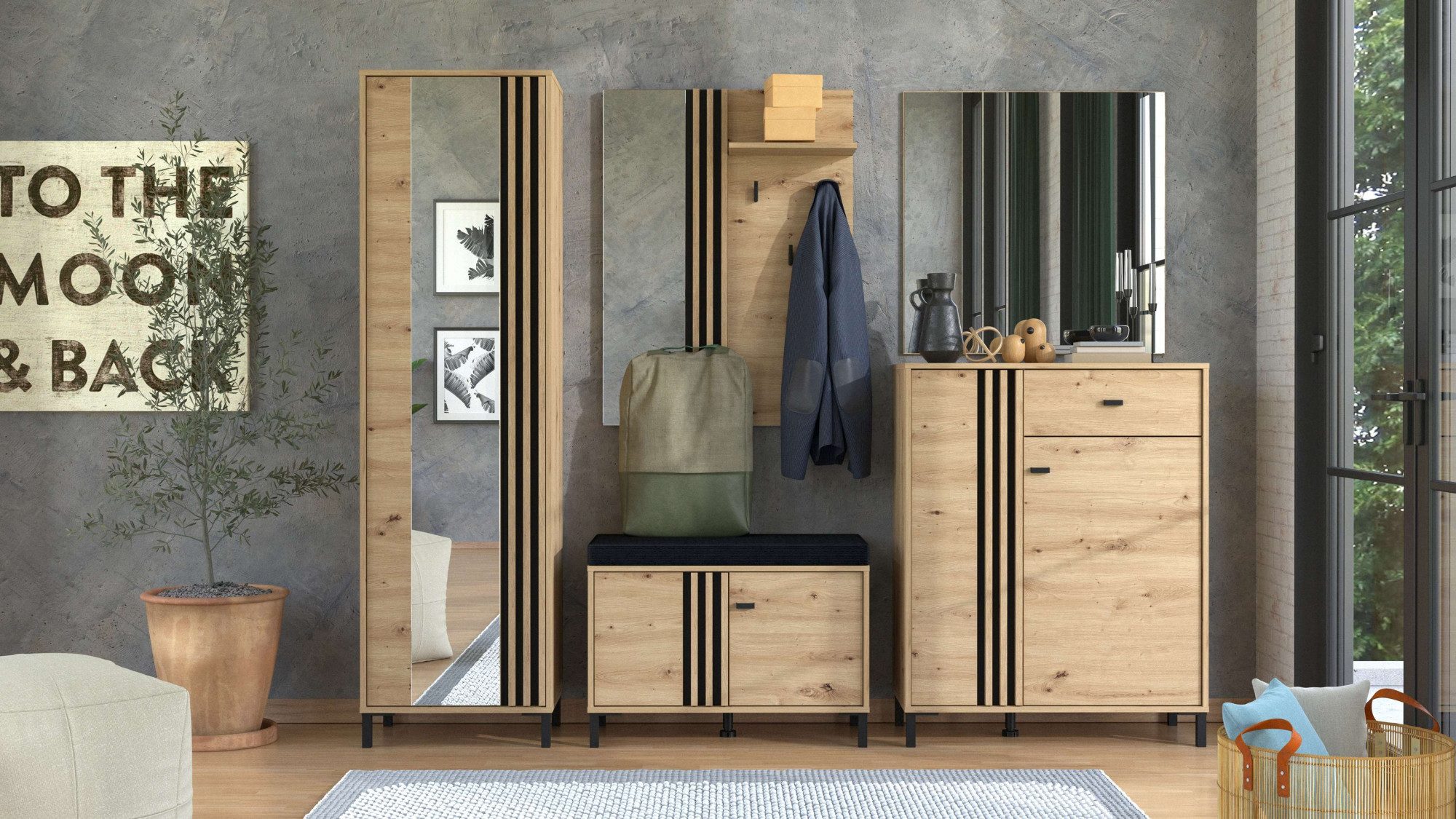 Home affaire Garderoben-Set LAVAL, Flurmöbel, Dielenmöbel, Flurschrank, Flurgarderobe B= 221 cm, (5-St., 5tlg), Inkl. 2 Schränken, Sitzbank, Garderobenpaneel und Wandspiegel